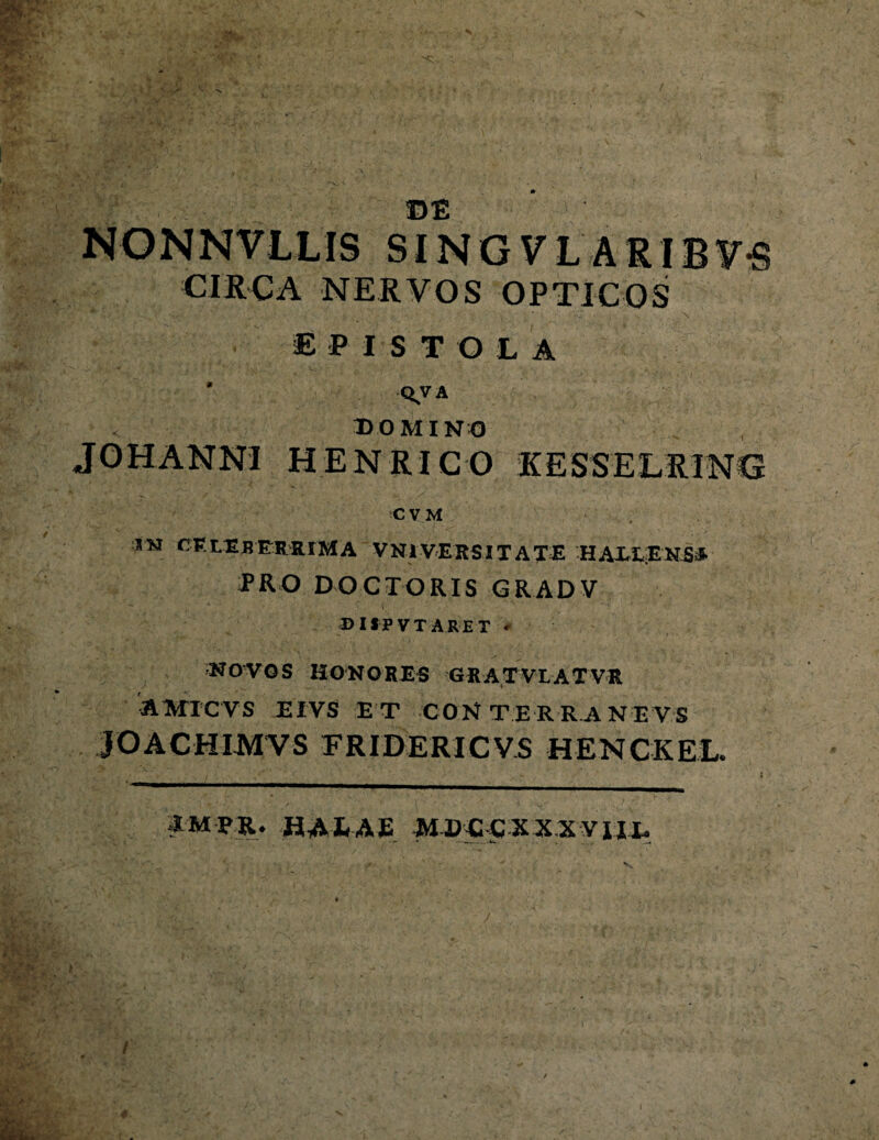 I NONNVLLIS SINGVL A RIB F-S CIRCA NERVOS OPTICOS ihV.;s,v’ >.;\vsw. '.' /v , ;-• •. . y •r£ • - • ;■ . * • '*CT • . - \ epistola ' QVA DOMINO JOHANNI HENRICO KESSELRING CVM 1N CVVN1 VERSITATE HAXXEN5J. PRO DOCTORIS GRADV DISPVTARET - NOVOS HONORES GRATVLATVR A ATI CVS EIVS ET CON TERRA NEVS JOACHIMVS ERIDERICVS HENCKEL. 4MPR. HALA® MDCCXXXVIIL