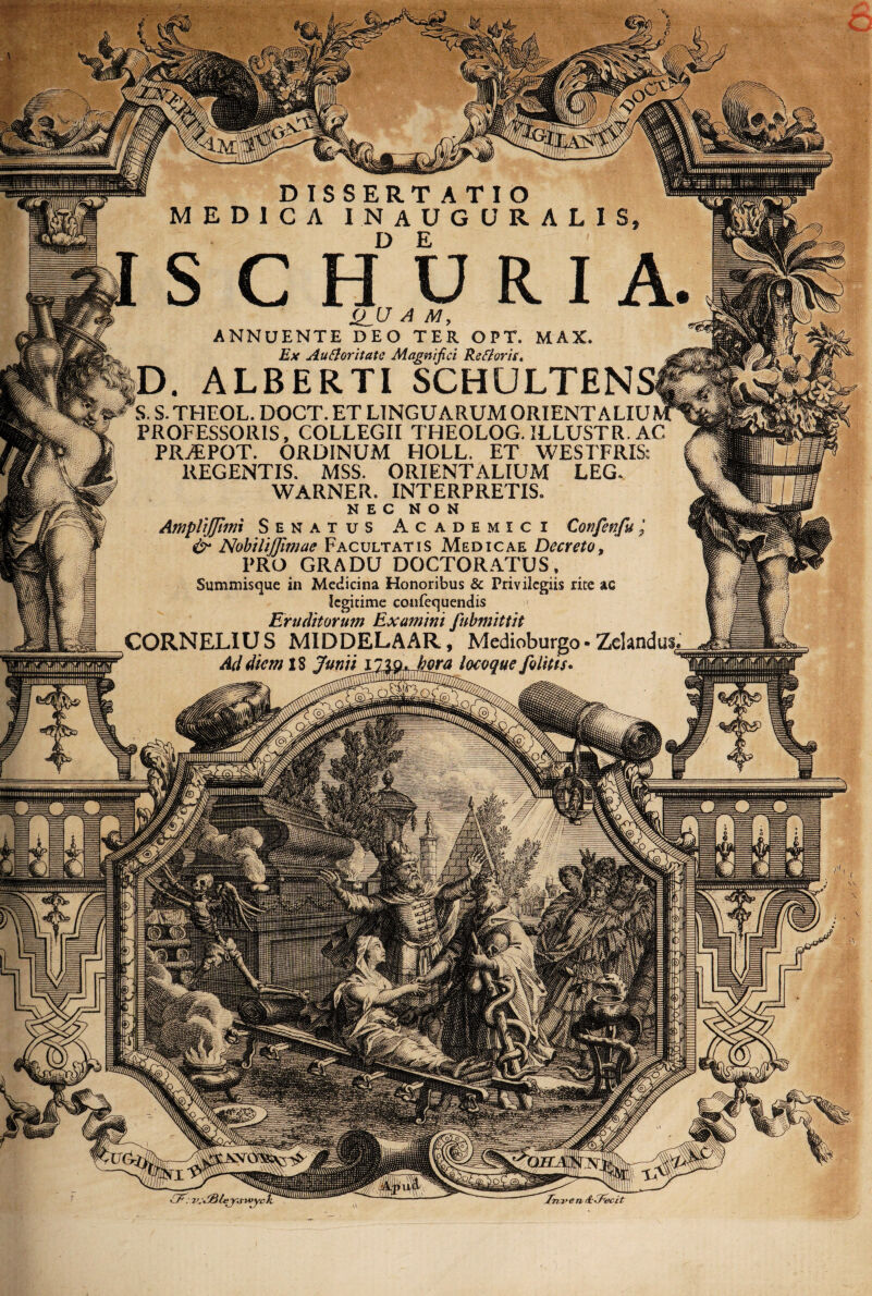 QUAM, ANNUENTE DEO TER OPT. MAX. Ex Autforitatc Magnifici Rettoris, D. ALBERTl SCHULTEN» S. S. THEOL. DOCT. ET LINGUARUM ORIENTALIUU PROFESSORIS, COLLEGII THEOLOG. ILLUSTR. AC ORDINUM HOLL PRyEPOT. ORDINUM HOLL. ET WESTFRIS; REGENTIS. MSS. ORIENTALIUM LEG» WARNER. INTERPRETIS» NEC NON AmpliJJimi Senatus Academici Confenfu j & NobiliJJimae Facultatis Medicae Decreto, PRO GRADU DOCTORATUS , Summisque in Medicina Honoribus & Privilegiis rite ac legitime confequendis 1 Eruditorum Examini fubmittit CORNELIUS MIDDELAAR, Medioburgo-Zelandut Ad diem 18 Junii iT^^hora locoque folitis*