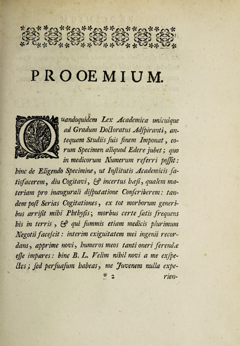 uandoquidem Lex Academica unicuique ad Gradum Do [loratus Adfpiranti 5 an¬ tequam Studiis fuis finem Imponat > eo¬ rum Specimen aliquod Edere jubet; quo in medicorum Numerum referri pojfit: hinc de Eligendo Specimine 5 ut Injlitutis Academicis fa- tisfacerem, diu Cogitavi, incertus hafi> qualem ma¬ teriam pro inaugurali difputatione Confcriberem: tan¬ dem pofl Serias Cogitationes 3 ex tot morborum generi¬ bus arrijit mihi Phthyfis; morbus certe fatis frequens his in terris ? £5? qui fummis etiam medicis plurimum Negotii facejcit: interim exiguitatem mei ingenii recor¬ dans5 apprime novi5 humeros meos tanti oneri ferenda ejje impares: hinc B. L. Velim nihil novi a me exfpe- ttes; fed perfuafum habeas > me Juvenem nulla expe- # rien-