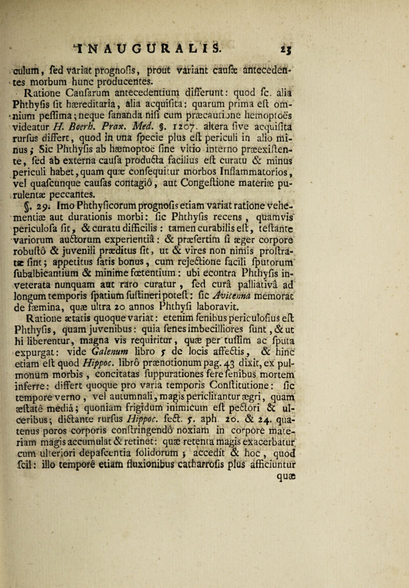 -cillam, fed variat prognofis, prout variant caufac antcceden- * tes morbum hunc producentes. Ratione Caufarum antecedentium differunt: quod fc. alia Phthyfis fit haereditaria, alia acquifita: quarum prima eft om- 'nium peflima; neque fananda nifi cum praecautione hemoptoes videatur H Boerh. Prax. Med. §. 1207. altera fi ve acquifita rurfus differt, quod in una fpecie plus eft periculi in alio mi¬ nus,- Sic Phthyfis ab haemoptoe fine vitio interno praeexiften- te, fed ab externa caufa produ6ta facilius eft curatu & minus periculi habet,quam qux confequitur morbos Inflammatorios, vel quafcunque caufas contagi6, aut Congefiione materiae pu¬ rulentae peccantes. §. 29; Imo Phthyficorum prognofis etiam variat ratione vehe¬ mentiae aut durationis morbi: fic Phthyfis recens , qtramvis periculofa fit, & curatu difficilis : tamen curabilis eft, teftante ■variorum au6torum experientia: & prxfertim fi xger corpore robufto & juvenili prxditus fit, ut & vires non nimis proftra- tse fint; appetitus fatis bonus, cum rejedtione facili fputoruni fubalbicantium & minime foetentium: ubi econtra Phthyfis in¬ veterata nunquam aut raro curatur , fed cura palliativa ad longum temporis fpatiumfuftineripoteft: fic Aviccnna memorat de femina, quae ultra 20 annos Phthy fi laboravit. Ratione aetatis quoque variat: etenim fenibus periculofius eft Phthyfis, quam juvenibus: quia fenes imbecilliores funt,&ut hi liberentur, magna vis requiritur, qux per tufiim ac fputa expurgat: vide Galenum libro y de locis affedtis, & hinc etiam eft quod Hippoc. libro praenotionum pag. 43 dixit, ex pul¬ monum morbis , concitatas fuppurationes fere fenibus mortem inferre: differt quoque pro varia temporis Conftitutione: fic tempore verno , vel autumnali, magis periclitantur aegri, quam seftate media; quoniam frigidum inimicum eft pe&ori & ul¬ ceribus^ dictante rurfus Hippoc. fe6t. ?. aph 20. & 24. qua¬ tenus poros corporis conftringendd noxiam in corpore mate¬ riam magis accumulat & retinet: quae retenta magis exacerbatur cum ulteriori depafcentia folidorum j accedit & hoc , quod fcil : illo tempori etiafn fluxionibus catharrofis plus afficiuntur quae