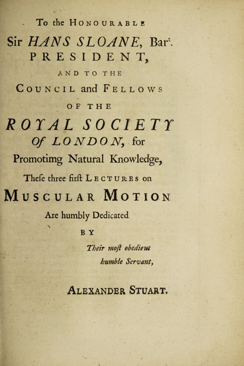 To the Honourable Sir HANS SLOANE, Bar'. : PRESIDENT, ANDTOTHE <1 Council and Fellows > O F T H E ROTAL SOCIETY Of LONDO N,Aot Promotimg Natural Knowledge, Thefe three firll Lectures on Muscular Motion Are humbly Dedicated. BY Their moji obedient t - ”. humble Servant, Alexander Stuart.