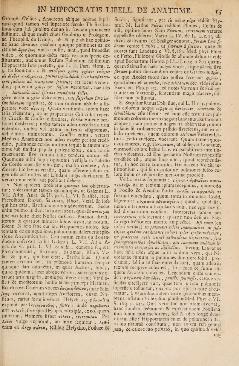 Gronov. Gellius , Anacreon aliique poetae inpri- mis) quod tamen vel fuperiore feculo Th. Bartho¬ linus cum jul. Jafolino denuo in Jfcenam producere fuftinuit, aliique multi citati Guidotio in Prolegom. ad rheophil. de Urinis, ubi fc ipfe ab hac opinio¬ ne haud alienusr eosdem quoque pulmones ea ex ratione UgvrJjpai? vocari polle, nihil,quod impediat video , & quominus dida mea veritatis fpecie de- ftituantur, audiamus Rufum Ephefium fidiffimum Hippocratis Interpretem , qui L. IL Part. Hom. c. 5* ita loquitur : o 7rvdL puov tqg7tcv cis i TTvdjfAa rog , pulmo infundibuli fi ve hauftri vi¬ cem fu (linet ad tranjitum fpiritus; ita locus verten¬ dus; qui enim jgawjj» pe: follem verterunt, nae illis Immenfa cavi fpirant mendacia, follet. enim a #ozo> detcendens, vas fu/orium in¬ fundibulum iignificat, & non multum abludit a fu¬ periore voce dfvryg. Quam verifimilia autem haec talia videantur, na ut pauperiores Critici his reper¬ tis Croefo St CraiTo le ditiores, & Ganymede bea¬ tiores crederent; nobis tamen adeo neeeflaria non videntur, quibus vel locum in textu affignemus, vel diutius nnmoremur. Conflat enim , veteres Medicos Anatomes non adeo exadte peritos credi- ditie, pulmones cordis motum (equi: is autem ma¬ xime !ub finiflra papilla perlentifcitur, quia cordis mucronem five conum illuc tendere notum efh Quumque mihi hujus opinionis vefligia in Libello de Corde repende vifus fim ; malim credere , Au¬ ditorem nic levius erralTe, quam afferere ipfum in- gen oiis aut nofiris aut Lindani nugis dodfiorern & veraciorem reddi aut polle aut debere. 7 Non quidem ordinarie quinque lobi obfervan- tur; obfervantur tamen quandoque, ut Galenus L. VII Adm. Anat. deUf. part. L. VI. & alibi, item Piccolhom. Rioian Salzman. Rhod. Vefal. & ipfe qui hos citat, Bartholinus animadverterunt. Secus enim pulmo in duos majores lobos, quos & srrepyy** fi scalas fcite dixit Noder de Coae Praenot. di vili, iterum in quatuor minores lobos dividi,ut notum, foient Neleio fane cur hic Hippocratis nofiro fen- tentiam de quinque lobis pulmonum deferuerint ple- lique Anatomicorum. Ceu rarum enim qu.d quan¬ doque ob fer vari (cr bit Galenus L. VII Adm A- nat. de vl. part. L. VI. & alibi , cumque fequuti Piccohofninus, R o anus , Sa zman. Rhod. Ve¬ fal. & ?p e , qui hos citat , Bartholinus. Quum tamen certum lit, in pulmone humano femper qu.nque dari diiimdos, m quos ducitur, lobos, quod quidem, licet ubmue verum, pauci tamen no¬ tarunt artis magiflri, ut me per literas docuit Viriliu- ftris & medicorum hodie facile princeps Hermam Bq r.iiave. Ceterum vocem v7rspK0fv@G)trivy quae & in feqq. occurrit, apud adum AuHorem, quam No- (iru n, rarius forte invenias. He(ych. xogvtpdtrc&o-S-cq exponit per tKTiXtrurB-cti, finire : unde erit rgAsr«,five quod H ppecrates ip(e, ex eo, quem imitatur , Homero habet teActsj* 3 extremitas. Per Lobos vulgo expiicant, uti mox fequitur , htfal enim f* vana, teftibus Hefy^hio, Polluce & Sinda , ligniiicant , per ta mir® /ubgn reddit Ety¬ mo!. M. Latine Fibras reddunt Plinius , Celfus & alii, optime fame: Nam Fibrum, extremum veteres appellafle obfervat Varro L. IV. de L. L.c. 13 ubi divus & divinus jof. Scaliger adnotat, fibram (Ive fi¬ brum venire a finire , ut fabrum a facere: quae & notata funt Lindano c VI. §. 180. Med. phyf Plura ex Fefto, Philoxeni Glofiis & aliunde defumtavide apud Bochartum Hieroz. p.I.L.lI. c.45. p. 801.quam¬ quam Salmafius haec nugas vocat, aiqu a fibrum (Ive fibram potius derivandum cenfet ex Graeco , ex quo Aeoles more fuo poftea fecerunt , quod idem efi ac molle, live delicatum &c. vide ipfum Exercitat. Plin.p 3x. fed nobis Varronis &-Scalige- ri alterius Varronis, fententiam magis placere, dif¬ fiteri non pefiumus. Sequitur Rufus Ephefius , qui L. II, c. 5, pulmo¬ nis colorem aeque zzcpfov fq. virotevx**, cinereum 8c fiubalbidum ede aderit: fed eum ede naturalem pul¬ monum colorem meritonegantLindanus,Bartholinus aliique ; nam potius in aegris ita obfervatur; quum in fanis fit ordinarie ex pallido davefeens, aut ex al- bido-rufefeens, quem colorem Helvum Veteres La¬ tini , Felio audtore, vocarunt Quum tamen quos¬ dam cineres, v. g. Furvarum, ut obfervat Lindanus, ejusmodi colore heluo h. e. ex pallido-rutilante tin- dtos videamus, ad illos fpeciatim Nodrum re (pexi de credibile efi , atque hinc nihil, quod reprehenda¬ tur, m hoc certe commifit. His accedit Veialii te- itimonium » qui fe quandoque pulmones falco co¬ lore imbutos obfervade memoriae prodidit. Verba textus fcquentia : ‘rfuu.criv optyv&tizcri xzxzv^ ita in textum ipfum recepimus, quomodo a Poefio & Aemilio Poito zz vfdya^dc, Tg fuerunt emendata , quum antea m omnibus Codd. legeretur: riyptxnv lippxyxyzcrty * quod , quid fit , nemo interpretum hariolari valuit, nec ego me il¬ lud divinaturum confido. Interpretes tamen per cavernofum reddiderunt; quare? non definio Foc- fii ergo kdEonem merito amplector, Efi enim (en ipfius verba,) in pulmonis colore inaequalitas yut jub- fujcus quidam candicante rubore color in efi e videatur, Cr praeterea notis v eluti quibusdam fiipmatibus, fere fubnigricantibus obnubilatus, aut tunquam nubium li¬ neamentis con/perfus ac difiinflus. Verum Lindanus haec fa!fa efie, atque in iis tantum vera , qui Ni- cotianae fumum in pulmones dimittere folni, pro¬ clamat; faltim ut fuae emendat.oni, quam adeo in textum recipere aufus e(t , hoc fuco & fumo ali¬ quem favorem conciliet. Legendum enim conten¬ dit : rtyptatriv kfypaSzrt , punctis fpumofis, easque ve- ficulas mtelligere vu t, quae tum m tota pulmonis fuperficie tolluntur, quando pori ejus frigore obtu¬ rantur , a vaporibus autem exire geitienfibus mem¬ brana inflatui : Vide ipfum pluribus Med. Phyf. c. VL §. 183 p. 244. Quis vero hic non animadvertat, hanc Lindani leHionem & explicationem Foefiana non folum non meliorem, fed Si adeo longe dete¬ riorem efie? Hippocratem enim de pulmone in fla¬ tu fuo naturali coni fluto , non amem refrigerato' jam, di caiore fuo privato, ia quo ejusmodi vefi-