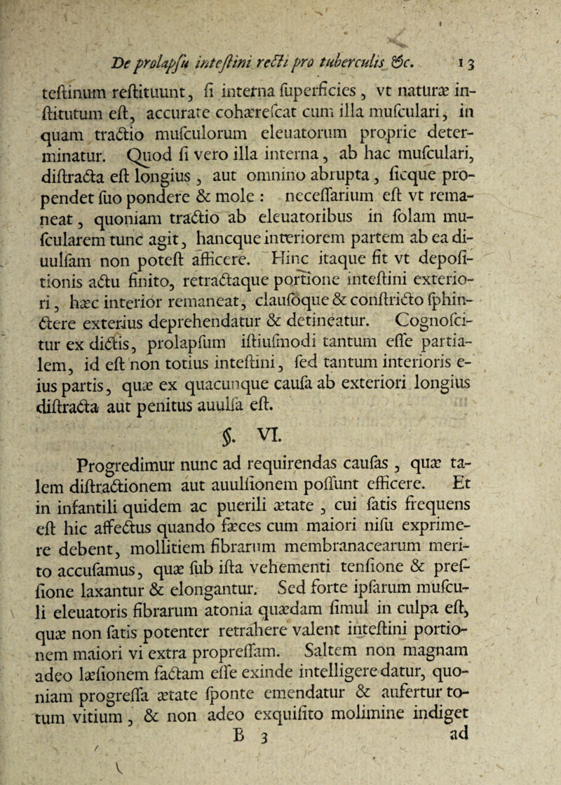 I De proldpju inteftini reth pro tuberculis &c. i 3 teftinum reftituunt, fi interna fuperficies, vt natura; in- ftitutum eft, accurate cohaere Icat cum illa mufculari, in quam tradlo mufculorum eleuatorum proprie deter¬ minatur. Quod fi vero illa interna, ab hac mufculari, diftrada eft longius , aut omnino abrupta, ficque pro¬ pendet fuo pondere & mole : ncceflarium eft vt rema¬ neat , quoniam t radio ab eleuatoribus in folam mu- fcularem tunc agit, haneque interiorem partem ab ea di- uulfam non poteft afficere. Hinc itaque fit vt depofi- tionis adu finito, retradaque portione inteftini exterio¬ ri, haec interior remaneat, daufbque & conftrido fphin- Ctere exterius deprehendatur & detineatur. Cognofci- tur ex didis, prolapfum iftiufmodi tantum efle partia¬ lem, id eft non totius inteftini, fed tantum interioris e- ius partis, quae ex quacunque caufa ab exteriori longius diffracta aut penitus auuiia eft. - $. VL Progredimur nunc ad requirendas caufas , quae ta¬ lem diftradionem aut auulfionem poflunt efficere. Et in infantili quidem ac puerili aetate , cui fatis frequens eft hic affedus quando faeces cum maiori nifu exprime¬ re debent, mollitiem fibrarum membranacearum meri¬ to accufamus, quae fub ifta vehementi tenfione & prefi fione laxantur & elongantur. Sed forte ipfarum mufeu- li eleuatoris fibrarum atonia quaedam fimul in culpa eft, quae non fatis potenter retrahere valent inteftini portio¬ nem maiori vi extra propreffam. Saltem non magnam adeo laefionem fadam efle exinde intelligere datur, quo¬ niam progreffa aetate {ponte emendatur & aufertur to¬ tum vitium, & non adeo exquifito molimine indiget B 3 ad / v V