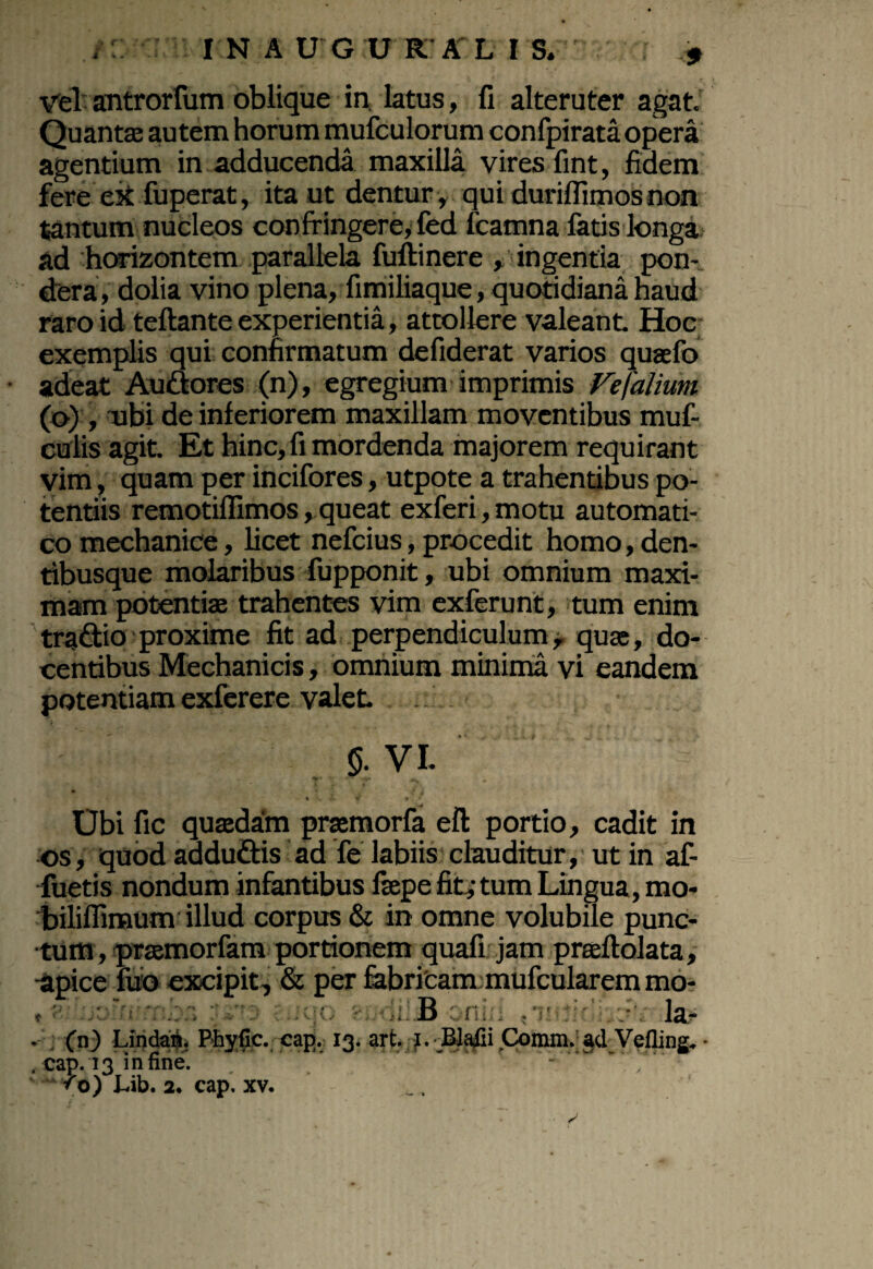 Vel antrorfum oblique in. latus, fi alteruter agat. Quantae autem horum mufculorum confpirata opera agentium in adducenda maxilla vires fint, fidem fere ex fuperat, ita ut dentur , qui duriflimosnon tantum nucleos confringere, fed fcamna latis longa ad horizontem parallela fuftinere , ingentia pon¬ dera, dolia vino plena, fimiliaque, quotidiana haud raro id teftante experientia, attollere valeant Hoc exemplis qui confirmatum defiderat varios quaefo adeat Auaores (n), egregium imprimis Fefalium (o) , ubi de inferiorem maxillam moventibus muf- culis agit. Et hinc, fi mordenda majorem requirant vim, quam per incifores, utpote a trahentibus po¬ tentiis remotiflimos, queat exferi ,motu automati- co mechanice, licet nefcius, procedit homo, den¬ tibusque molaribus fupponit, ubi omnium maxi¬ mam potentiae trahentes vim exferunt, tum enim tradtio proxime fit ad perpendiculum y quae, do¬ centibus Mechanicis, omnium minima vi eandem potentiam exferere valet §. VI- 'T' A. # • i- 'i <* ’ * Ubi fic quaedam praemorfa eft portio, cadit in os, quod addudtis ad fe labiis clauditur, ut in af- fuetis nondum infantibus laepe fit,- tum Lingua, mo- biliffimum illud corpus & in omne volubile punc¬ tum, praemorfam portionem quafi jam preeftolata, •apice luo excipit, & per fabricam mufcularem mo- uqo zodiliBonid «infidis?’*'-.la* . (n) Lindaii. Phyfie. cap. 13. art. i.-EJafii Comm.'ad Vefling^ • , cap. 13 in fine.