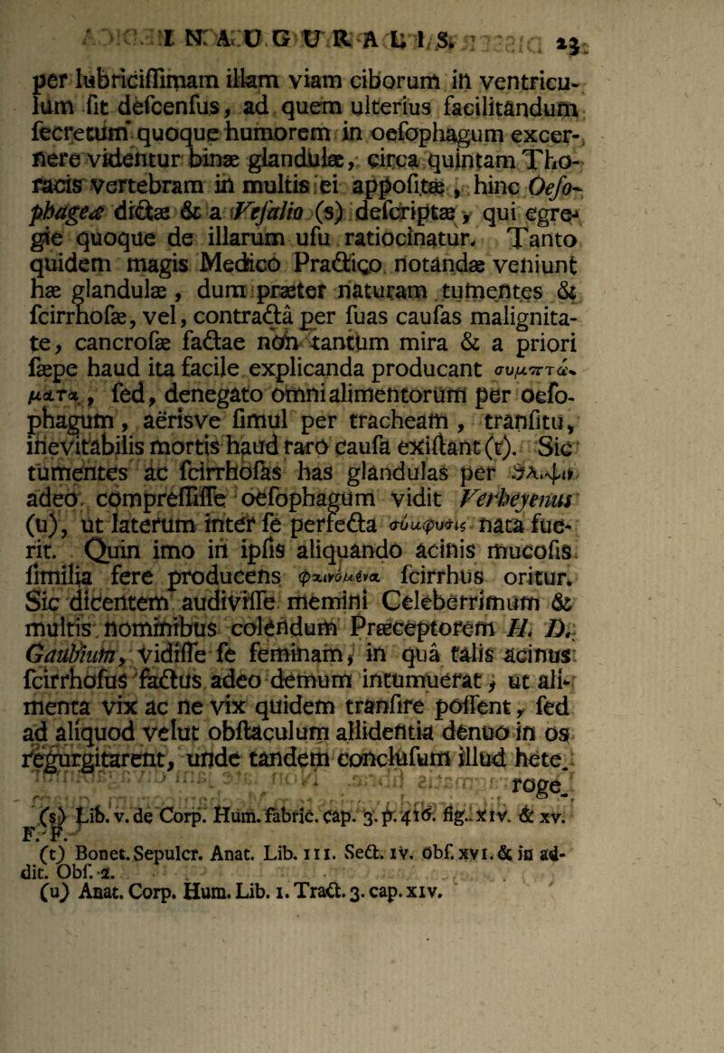 per labricifliipam illam viam ciborum itl ventricu¬ lum fit defcenfus, ad quem ulterius faeilitandum fecremm quoque humorem in oefophagum excer-, nere videntur binas glandulae, circa quintam Tho¬ racis vertebram ih multis ei appofitse , hinc Oefo- pbage<£ dr£tee & a Ftfalio (s) defcriptae, qui egre- gie quoque de illarum ufu ratiocinatur. Tanto quidem magis Medico Pra&iQO notandae veniunt nae glandulae , dum praeter naturam tumentes & fcirrhofae, vel, contradita per fuas caufas malignita¬ te, cancrofae fa&ae nOh tantum mira & a priori faepe haud ita facile explicanda producant av/mra* , fed, denegato omni alimentorum per oefo¬ phagum , aerisve Cmul per tracheam , tranfitu, inevitabilis mortis haud raro caufa exiltant (t). Sic tumentes ac fcirrhofas has glandulas per 5a.4-i> adeo compreflifle oefophagum vidit Ferheyenm (u), ut laterum inter fe perfefta <t6u^is nata fue¬ rit. Quin imo in ipfis aliquando acinis rhueofis limilia fere producens fcirrhus oritur. Sic dicentem audiviiTe memini Celeberrimum & multis, nominibus colendum Praeceptorem U. D. GauViutn, Vidifle fe feminam, in qua talis acinus fcirrhofas fa£tus adeo demum intumuerat, ut ali¬ menta vix ac ne vix quidem tranfire poffent, fed ad aliquod vehit obftaculum allidentia dfenuo in osf regurgitarent, unde tandem conclufum illud, hete.. } stCi nolq .subiti aiiErn’ 'roge/ ($) Lib. v. de Corp. Hum. fabric. cap. 3. p. 41<5. fig..xiv. & xv. (t) Bonet.Sepulcr. Anat. Lib. m. Se£l. iv. Obf. xvi.&in ad¬ dic. Obf. 2.