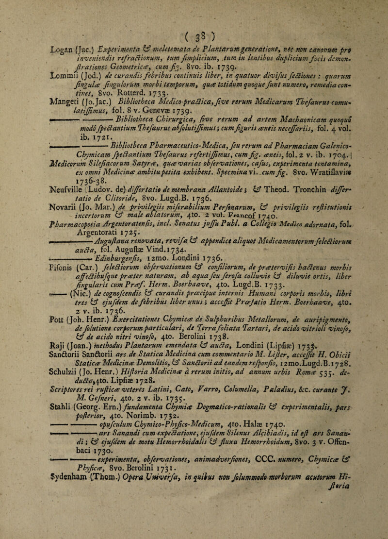 Logan (Jac.) Experimenta & mcletemata de Plantarumgeneratione* nec non canonum pro inveniendis refradlionum, tum fimplicium, .tum in lentibus duplicium focis demon- Jirationes Geometricae, cumfig. 8vo. ib. 1739. Lommii (Jod.) de curandis febribus continuis liber, quatuor divifus feSliones : quarum fingulce fngulorum morbi temporum, totidum quoque funt numero, remedia con¬ tinet, 8vo. Rotterd. 1733. Mangeti (Jo.Jac.) Bibliotheca Medico-praclica, fi ve rerum Medicarum Thefaurus cumu- latijjimus, fol. 8 v. Genevae 1739. «- ■■■- ■ ■ — Bibliotheca Chirurgica, five rerum ad artem Machaonicam quoqud modofpeft antium Thefaurus abfolutijjimusj cum figuris aneis neceffariis, fol. 4 vol. ib. 1721. 1—■—-Bibliotheca Pharmaceutico-Medica,feu rerum ad Pharmaciam Galenico- Chymicam fpettantium Thefaurus refertijfimus, cumfig. ceneis, fol. 2 v. ib. 1704. j Medicorum Silefiacorum Satyrce, quee varias obfervationes, cafus, experimenta tentamina, ex omni Medicina ambitu petita exhibent. Specmina vi. cumfig. 8vo. Wratiflavi* . 1736-38* ‘ 4 ' t 4 Keufville (Ludov. de) differtatio de membrana Allantoide ; id Theod. Tronchin differ- tatio de Clitoride, 8vo. Lugd.B. 1736. Novarii (Jo. Mar.) de privilegiis miferabilium Perfonarum, & privilegiis refiitutionis incertorum & male ab latorum, 4to. 2 vol. Francof 1740. Pharmacopoeia Argentoratenfis, incl. Senatus juffuPubl. a Collegio Medico adornata, fol. Argentorati 1725. - -- Augufiana renovata, revifa appendice aliquot Medicamentorum fele iliorum audla, fol. Auguflae Vind.i 734. . ... - ■-« Edinburgenfis, i2mo. Londini 1736. Pifonis (Car.) fele iliorum obfervationum & confiliorum, de prretervifis hadienus morbis affeiiibufque prceter naturam, ab aqua feu ferofa colluvie & diluvie ortis, liber fingularis cumPreef. Herm. Boerhaave, 4to. Lugd.B. 1733. — (Nic.) de cognofcendis & curandis praecipue internis Humani corporis morbis, libri tres & ejufdem de febribus liber unus ; acceffit Praefatio Herm. Boerhaave, 4to. 2 v. ib. 1736. JPott (Job. Henr.) Exercitationes Chymicee de Sulphuribus Metallorum, de auripigmento, de folutione corporum particulari, de Terra foliata Tartari, de acido vitrioli vinofo, & de acido nitri vinofo, 410. Berolini 1738. Raji (Joan.) methodus Plantarum emendata & audi a, Londini (Lipfiae) 173$-. Sandorii San&orii ars de Statica Medicina cum commentario M. Lifler, acceffit H. Obicii Staticee Medicinae Demolitio, & Sandlorii ad eandem refpovfio, 12mo.Lugd.B. 1728. Schulzii (Jo. Henr.) Hiftoria Medicines a rerum initio, ad annum urbis Romce 535. de~ dudla,\to. Lipfiae 1728. Scriptores rei rufiicee veteres Latini, Cato, Varro, Columella, Paladius, &c. curante f. M. Gefneri, 4to. 2 v. ib. 1735. Stahli (Georg. Ern.) fundamenta Chymics Dogmatico-rationalis & experimentalis, pars poflerior, 4to. Norirab. 1732. —.- —.. ■ - opufculum Chymico-Phyfico-Medicum, 4to. Halae 1740. ■ ..ars Sanandi cum expedlatione, ejufdem Silenus Alcibiadis, id e fi ars Sanan¬ di ; & ejufdem de motu Hemorrhoidalis & fluxu Hemorrhoidum, 8vo. 3 v. Offen- baci 1730. *——— —.experimenta, obfervationes, animadverfiones, CCC. numero, Chymicec & Phyficce, 8vo. Berolini 1731. Sydenhasn (Thom.) Opera Vniverfa, in quibus non folummodo morborum acutorum Hi- fi er i a