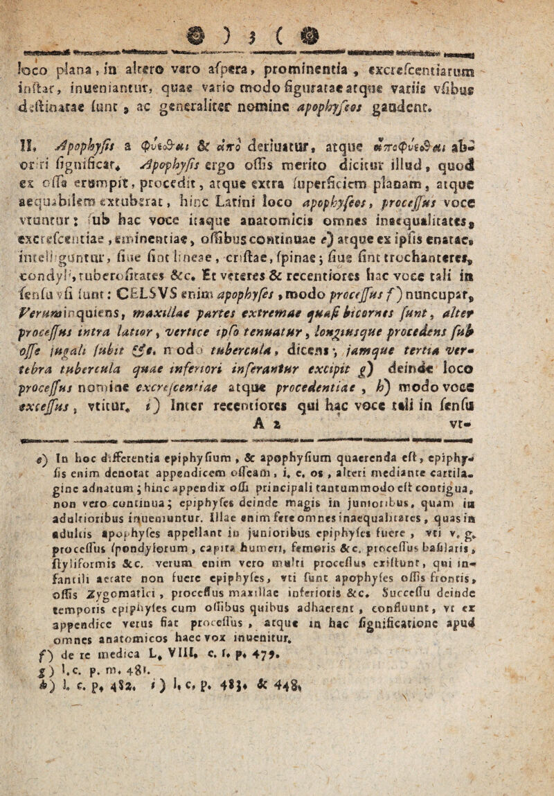 WtSSWSMB** ***«<*•-—~- - in...»m»ffT»lNi ii ..««Hwftrr ««i***»*»^ «SSwS^S^S*^ loco plan-a5m altero viro afptra, prominenda, fxciefcentiarnm inftar, inueniantur, qms vario modo figuratae arqut Variis vfibus dsrfkucae iunc 9 ac generaliter nomine apophyfsss gasdenr. II, Apopkyfis a Qvtc&eu Bc diro derluittlf, atque dm<pve&m ab» or ri fignificar, Apophyfis ergo offis merito dic icor illud » quod ex offis erumpit, procedit, atque extra fuperficicm planam, atque aequabilem extuberat, hinc Latini loco apophyfeos» proceffus voce vtuntur: ub hac voce itaque anatomicis omnes inaequalitates^ «xerefeentiae ,eminentiae, offibuscontinuae e) atque ex ipfis enatae» Intel') gtsntar, fine fiat lineae, crtftae, (pinae; fiug fint trochanteres, condyhjtuberofitates &c. Et veteres & recentiores hac voce tali in fenfu v fi iuist .* CELSVS «nim apophyfes >modo procejfus f) nuneupar„ Vertimwqmms, maxillae partes extremae quap bicornes funt, altet proeeffus intra latior, vertice tpCo tenuatur, longtusque procedens fub ojfs jugali fuln <£#, rrodn tubercula* dicens*, jamque tertia ver* tebra tubercula quae inferiori inferantur excipit g) deinde loco proce (fu s norniae excrtjcenuae atque procedentiae , fi) modo voce exseffus , vticur* i) Inter recemiorcs qui hac voce ttii in fenftJl A z vt» ej In hoc differentia epiphyfium , & apophyfium quaerenda eff, epiphjr* (is enim denotat appendicem ofleam, i, c, os , alteri mediante cartila. gine adnatum ; hinc appendix offi principali tantummodo efi contigua,, non vero continua; epiphyfes deinde magis in jumonbus, quam ia adaltioribus irjueniuntur. Illae enim fere omnes Inaequalitates , quas ia «duitis apophyfes appellant in junioribus epiphyfes fuere , vti v, g* procetfus (pondylerum , capita humeri, femoris &c, procefTus bahlaris» ftyi iformis Scc, verum enim vero multi proceflus exiftunr, qui in* fantili aecate non fuere epiphyfes, vti funt apophyles ollis frontis* offis Zygomatici , procemus maxillae inferioris &c* SuccelTu deinde temporis epiphyles cum ollibus quibus adhaerent, confluunt, vt er appendice verus fiat proceffus , arqut in hac /ignificadonc apud omnes anatomicos haec vox inuenitur, f) de re medica L, VIII. c. I, p. 475. g ) l.c. p. m, 4gi. *) L c. p» i) h c, p, 48!♦ * 44g*