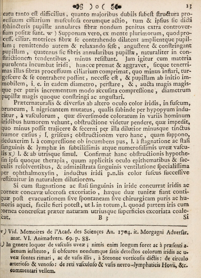 ) o c s«* *j catu tanto eff difEcilius , quanto majoribus dublis fubeft ftrudura pro- seffuum ciliarium muficulofa eorumque adio, turn 6c ipfius fic didl i jfphin&eris pupillae annu-lares fibrce nondum penitus extra controver- ifiam pofitae funt. w ) Supponam vero, ex mente plurimotum, quod pro- i ceff. ciliar. motrices fibre fe contrahendo dilatent amplientque pupil-* lam; remittendo autem 6c relaxando fefe, anguftent 6c conftringant pupillam , quatenus fic fibris annularibus pupillae > naturaliter in con- jftridionerta tendentibus , minus refiftunt. Jam igitur cum materia jpuralenta incumbat iridi, hancce premat 6c aggravet, deque tenerri- mas illas fibras proceffuum ciliarium comprimat, quo minus infiari, tur- gefcere 6c fe contrahere poflint, neceffe eft , 6c pupillam ab initio im- imobilem, i. e. in eadem diametro> perftare, 6c , auda inagis magis- ique per puris incrementum mode alcufata compreflione , diametrum pupillae magis quoque conftringi ac anguftari. Praeternaturalis 6c diverfiis ab altero oculo color iridis, infufcumy braneum, 1. nigricantem mutatus, qualis fubinde per hypopyum indu- ckur , a vafculorum , quae diverfimode coloratura in variis hominum iridibus humorem vehunt, obftrudione videtur pendere, quae impedit, quo minus poflit trajicere 6c fecerni per ilia dilutior minusque tindus humor caefius ? 1, grifeus; obftrudionem vero hanc, quam fiippono, deduxerim 1. a compreflione ob incumbens pus,, 1. a ftagnatione ac ftaft fanguinis 6c lymphae in fubtiliflimis atque numerofiffimis uveae vafcu- lis xj) 1. 6c ab utrisque fimul. Confirmat hanc obftrudionis hypothec fin ipfa quoque therapia, quum applicitis oculo epithematibus 6c fac¬ elifts refolventibus, 6c adminiftrata fanguinis yentilatione fpecialiflima per ophthalmoxyfin , indudus iridi p.n.lis color fufcus fucceffive reftituitur in natural-era dilutiorem. Si cum ftagnatione ac flail fanguinis in iride concurrat iridis ac eornese concave ulcerofa excoriatio , haeque dux tunicae fiant conti- guee poft evacuationem five fpontaneam five chirurgicam puris ac hu~ noris aquei, facile fieri poteft, ut 1. in totum ,1. quoad partem iris cum -ornea concrefcat preter naturam utriusque fuperficies excotiata coale- cat. B g Si v) Vid. Memoires de PAcacI* des Sciences An. 1704. it. Morgagni Adverfar. anat. VI. Animadvers. 69. p. 88* 0 in genere Ioquor de vafculis uveae; nimis enim longum foret ac a prxfenti a- lienum in ft it u to, ft obfcuros nondumque fatis detedos colorum iridis ac u* vex fontes rimari, ac de vafis illis , a Stenone vorticofis didis: de circulo arteriofo 6c venofo: de reti vafculofo& vafis nevro-Jymphaticis Hovii, commentari veilenu