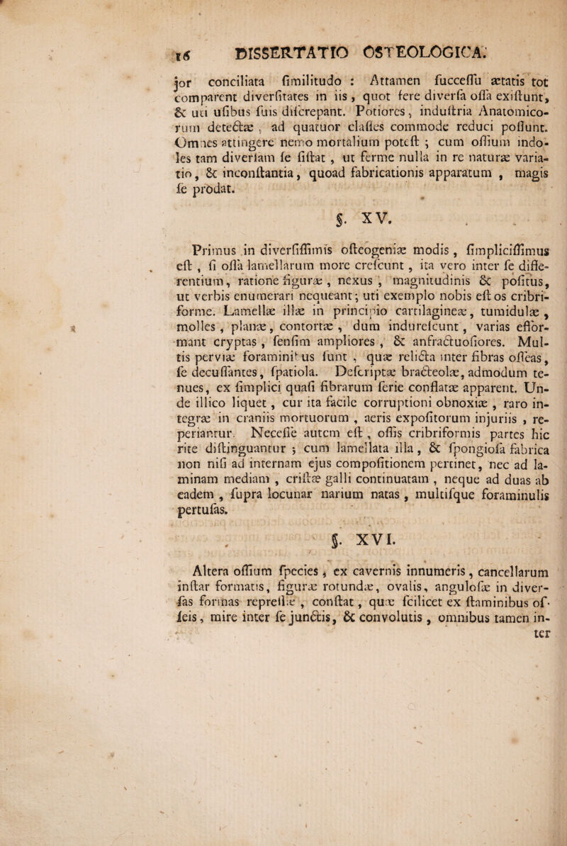 jor conciliata fimilitudo : Attamen fucceffu astatis tot comparent diverlitates in iis, quot fere diverfa offa exiftunt, uu ufibus fuis diferepant. Potiores, induftria Anatomico¬ rum detedm , ad quatuor clafies commode reduci poliunt. Omnes attingere nemo mortalium poteft ; cum oiliura indo¬ les tam diverlam fe fiftat , ut ferme nulla in re naturas varia¬ tio , & inconftantia, quoad fabricationis apparatum , magis fe prodat. 5- xv. . Primus in diverfiffimts ofteogeniae modis, fimpliciffimus eft , fi offa lamellarum more crefcunt, ita vero inter fe diffe¬ rentium, ratione figurae , nexus, magnitudinis & pofifus, ut verbis enumerari nequeant j uti exemplo nobis eftos cribri- forme. Lamellae illae in principio cartilagineae, tumidulae, molles, planae, contortae, dum indurelcunt, varias effor- mant cryptas , fenfim ampliores , anfraduofiores. Mul¬ tis pervia: foraminibus funt , quae relida inter fibras ofleas', fe decuflantes, fpatiola. Defcriptae bradeolae, admodum te¬ nues, ex fimplici quafi fibrarum ferie conflatae apparent. Un¬ de illico liquet, cur ita facile corruptioni obnoxiae , raro in¬ tegrae in craniis mortuorum , aeris expofitorum injuriis , re¬ pe rrar.ru r. Necefie autem eft , offis cribriformis partes hic rite diftjnguancur $ cum lamellata ilia, & fpongiofa fabrica non nifi ad internam ejus compofitionem pertinet, nec ad la¬ minam mediam , criftse galli continuatam , neque ad duas ab eadem , fupra locunar narium natas, mukifque foraminulis pertufas. >■- • • ' §■ XVI. J . , '4 _ ' . Altera offium fpecies, ex cavernis innumeris, canccllarum fnftar formatis, figurae rotundae, ovalis, angulofte in diver- fias formas reprefile , conftat, quae fcilicet ex flaminibus of> leis, mire inter fe jundis, & convolutis , omnibus tamen in-