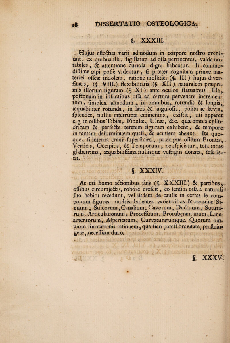 §. XXXIII. Hujus efle&us varii admodum in corpore noftro eveni» unt, ex quibus illi, figillatim ad ofla pertinentes, valde no¬ tabiles , attentione curiofa digni habentur. Ii commo- diflltfie capi pofle videntur , fi praeter cognitam primae ma¬ teriei ofleas indolem, ratione mollitiei (§. III,) hujus diveiv fitatis, (,§ VIII.), flexibilitatis (§. XII.) naturalem prsepri- mis illorum figuram (§ XI.). ante oculos ftatuamus Illa,, pofiquam in infantibus olla ad certum pervenere incremen¬ tum, fimplex admodum , in omnibus, rotundis & longis,, aequabiliter rotunda, in latis angulofis, polita ac laevis, fplendet, nullis interrupta eminentiis, exiftit, uti apparet e.g in oflibus Tibiae, Fibulae, Ulnae, Scc. qu^eomnia cylin¬ dricam & perfe£te teretem figuram exhibent, & tempore in tantam deformitatem quafi, fic aeutiem abeunt. Ita quo- qqe, fi interna cranii fu perficies, praecipue oflium Frontis,. Verticis, Occipitis, &: Temporum , confpiciatur, tota intus glaberrima, aequabiliflimanullisque veftigiis donata, fefefis»-* ut. J. XXXIV. At uti homo aftionibus fuis (§. XXXIII.) & partibus, oflibus circumje6tis, robore crefcit, eo lenfim ofla a naturali fuo habitu recedunt, vel iisdem de caufis in certas fe com¬ ponunt figuras multis ludentes varietatibus nomine Si¬ nuum , Sulcorum,Canalium, Cavorum, Dudfuum, Suu*ra- rum , Articulanonum, Procefluum, Brotuberantiarum, Line¬ amentorum,. Afperitatura, Curvaturarumque. Quorum om¬ nium formationis rationem, qua fieri poteft brevitate, perftrin-» gere, neceflum duco. Si xxxv4