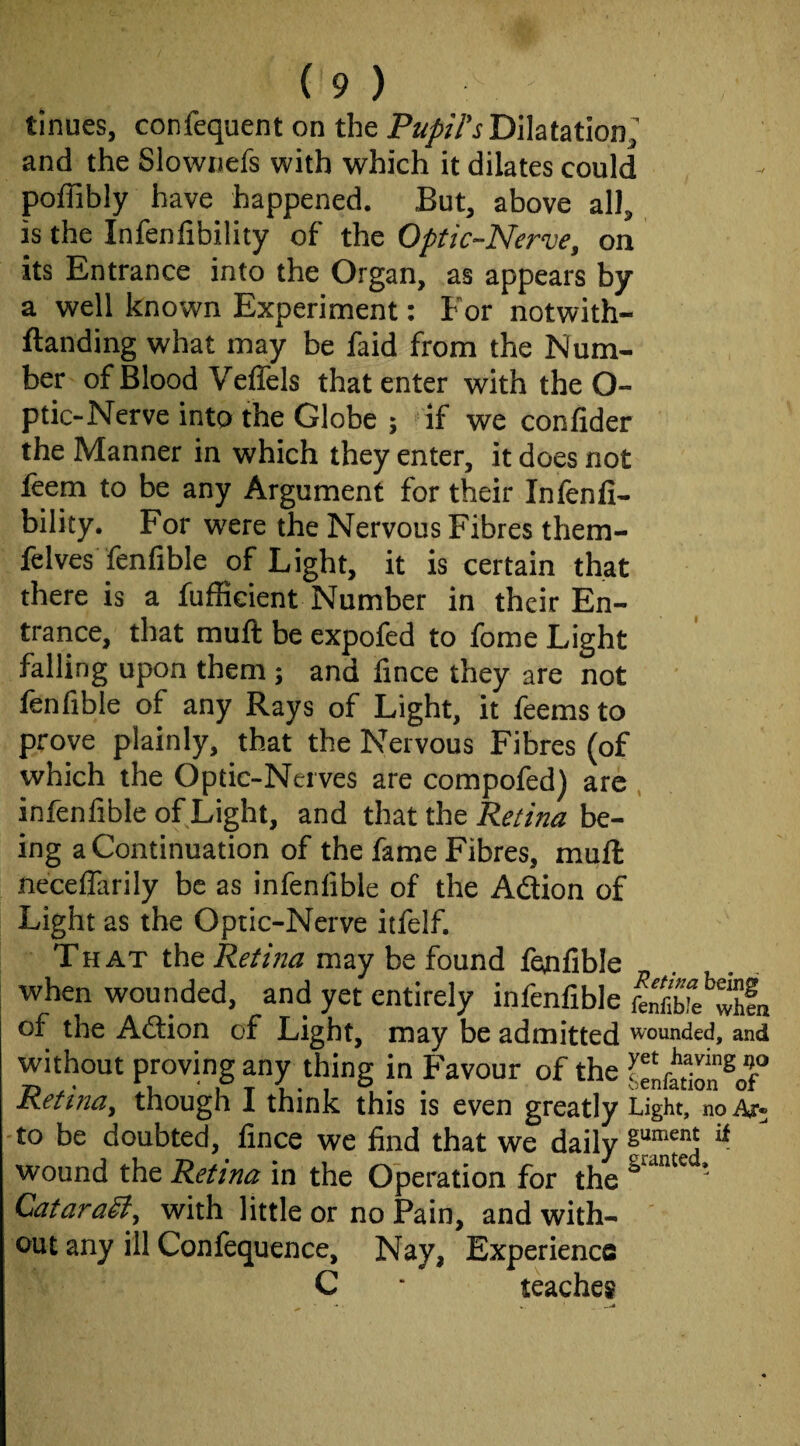 tinues, confequent on the Pupil'sDiht&X^onl and the Slownefs with which it dilates could poffibly have happened. But, above all, is the Infenfibility of the Optic-Nerve, on its Entrance into the Organ, as appears by a well known Experiment: For notwith- ftanding what may be faid from the Num¬ ber of Blood Veffels that enter with the O- ptic-Nerve into the Globe ; if we confider the Manner in which they enter, it does not leem to be any Argument for their Inlenli- bility. For were the Nervous Fibres them- felves fenfible of Light, it is certain that there is a fufBcient Number in their En¬ trance, that mull be expofed to feme Light falling upon them; and lince they are not fenfible of any Rays of Light, it feems to prove plainly, that the Nervous Fibres (of which the Optic-Nerves are compofed) are , infenfible of Light, and that the Retina be¬ ing a Continuation of the fame Fibres, mull neceflarily be as infenfible of the Adion of Light as the Optic-Nerve itfelf. T H AT the Retina may be found lenfible when wounded, and yet entirely infenfible ftnfibre'’whfn of the Aftion of Light, may be admitted wounded, and without proving any thing in Favour of the ^enfatlon Retina^ though I think this is even greatly Light, noAr* to be doubted, fince we find that we daily ^ wound the Retina in the Operation for the * Qatarwith little or no Pain, and with-* out any ill Confequence, Nay, Experience C * teaches