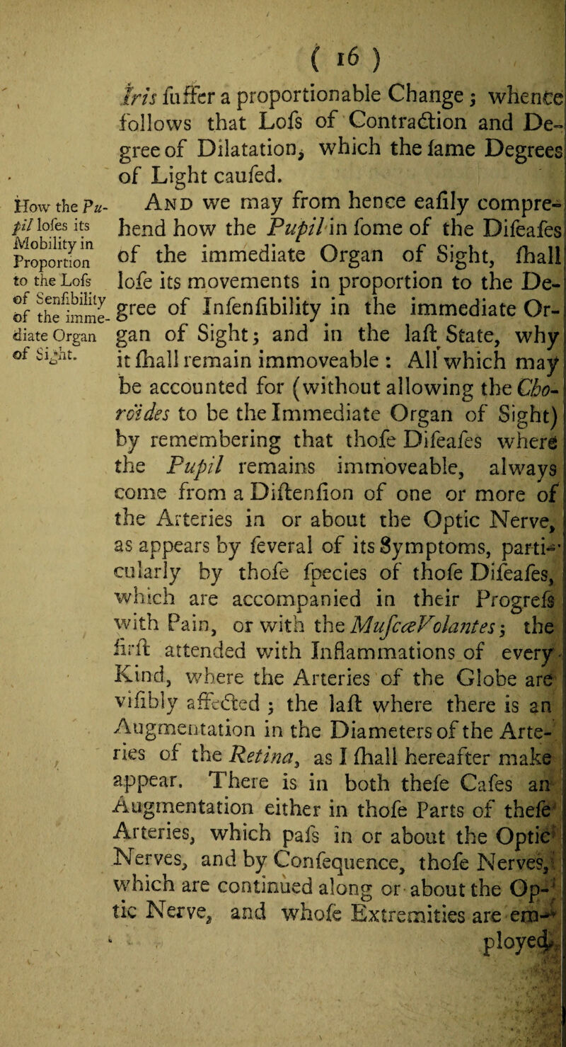 pil lofes its Mobility in Proportion to the Lofs of Senfibility of the imme¬ diate Organ of Sight. ( ) Irh fiiffcr a proportionable Change ^ wheneei follows that Lofs of Contradlion and De-i gree of Dilatation^ which the fame Degreesi of Light caufed. hend how the Pupihxn fome of the Difeafesi of the immediate Organ of Sight, fhall| lofe its movements in proportion to the De-i gree of Infenlibility in the immediate Or-1 gan of Sight; and in the laft State, whyi it fliall remain immoveable : All which may i: be accounted for (without allowing iht Cho^\ rdides to be the Immediate Organ of Sight) | by remembering that thofe Difeafes wher^ i the Pupil remains immoveable, always | come from a Diftenfion of one or more of1 the Arteries in or about the Optic Nerve^ as appeal's by feveral of its Symptoms, parti-’j cularly by thofe fpecies of thofe Difeafes, ! which are accompanied in their Progref^i with Pain, or with \k\^MufcceVolantes\ the|! iirfl attended with Inflammations of every! Kind, where the Arteries of the Globe are^^ vifibly affedled ; the laft where there is anV' Augmentation in the Diameters of the Arte- ries of the Retina^ as I fhall hereafter makeSI appear. There is in both thefe Cafes an I Augmentation either in thofe Parts of theie' Arteries, which pafs in or about the Optic^ Nerves, and by Confequence, thofe Nerves,^ w^hich are continued along or-about the Gp^ tic Nerve^ and whofc Extremities are em-^