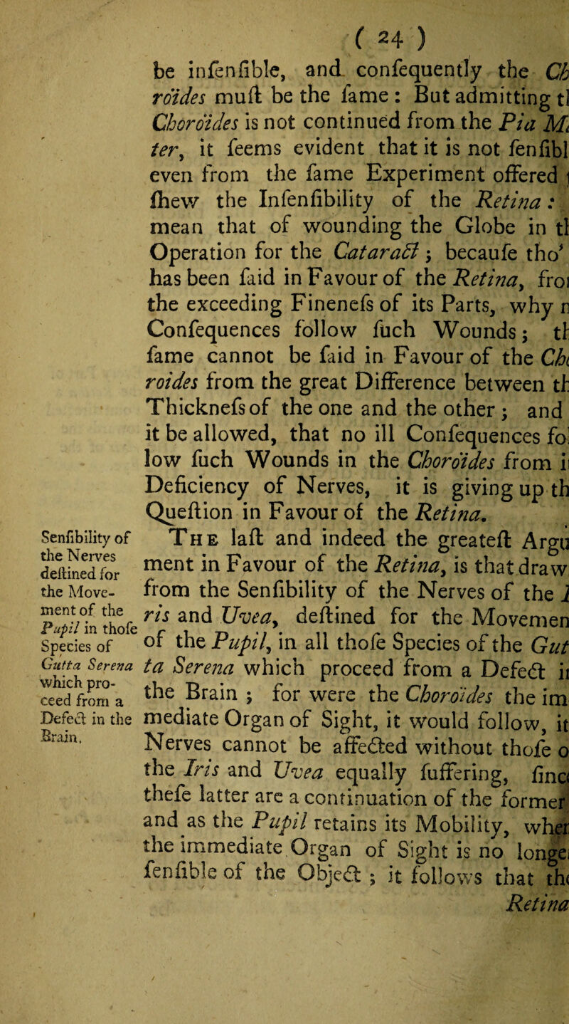 Senfibllity of the Nerves deftined for the Move¬ ment of the 'Pu'pil in thofe Species of Gutta Serena which pro¬ ceed from a Defect in the Brain. f ^4 ) be Infenfible, and confequently the Ch rdides muft be the fame : But admitting tl Chordides is not continued from the Pia Mi ter^ it feems evident that it is not fenfibl even from the fame Experiment offered i fhew the Infenfibility of the Retina: mean that of wounding the Globe in tl Operation for the Cataradi y becaufe tho* has been faid in Favour of thQ Retinay froi the exceeding Finenefs of Its Parts, why n Confequences follow fuch Wounds; tf fame cannot be faid in Favour of the Ck roides from the great Difference between th Thicknefsof the one and the other ; and it be allowed, that no ill Confequences fo! low fuch Wounds in the Chordides from ii Deficiency of Nerves, it is giving up th Queftion in Favour of the Retina. The laft and indeed the greateft Argu ment in Favour of the Retinay is that draw from the Senfibility of the Nerves of the 1 ris and Uveay deflined for the Movemen of the Pupily in all thofe Species of the Gut ta Serena which proceed from a Defeil ii the Brain ; for were the Chordides the im mediate Organ of Sight, it would follow, it Nerves cannot be affefed without thofe o the Ins and Uvea equally fuffering, fina thefe latter arc a continuation of the former and as the Pupil retains its Mobility, wher the immediate Organ of Sight is no longei fenfible of the Objeft ; it follows that th( Retina