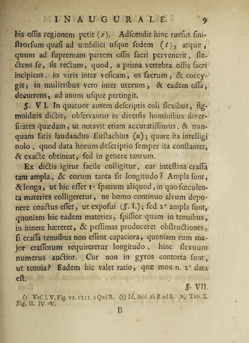 bis offis regionem petit (s). Adfcendit hinc rurfus fmi- flrorfum quafi ad umbilici ufque fedem (£), atque, quum ad fupremam partem offis facri pervenerit, fle- dens fe, fit redum, quod, a prima vertebra offis facri incipiens, in viris inter veftcam, os facrum , & coccy¬ gis; in mulieribus vero inter uterum, & eadern ofla, decurrens, ad anum ufque pertingit. §. V I. In quatuor autem defcriptis coli flexibus, fig- moidaris didis, obfervantur in diveriis hominibus diver- fitates quardam, ut notavit etiam accuratiffimus, & nun¬ quam fatis laudandus Euftachius (u) ; quare ita intelligi nolo , quod data horum defcriptio femper ita conflanter, & exade obtineat, fed in genere tantum. Ex didis igitur facile colligitur, cur inteftina crafla tam ampla, & eorum tanta fit longitudo? Ampla funt, & longa, ut hic effiet i° fpatium aliquod, in quofoeculen- ra materies colligeretur, ne homo continuo alvum depo¬ nere coadus effiet, ut expolui (§. I.); fed i° ampla funt, quoniam hic eadem materies, fpiffior quam in tenuibus, in itinere hrereret, & peffimas produceret obftrudiones, fi crafla tenuibus non eflent capaciora, quoniam tum ma¬ jor craffiorum requireretur longitudo , hinc flexuum numerus audior. Cur non in gyros contorta funt, ut tenuia? Eadem hic valet ratio, qu& mox n. i° data eft. < r . £* VII. (F Vef. 1, V.Fig. vi. vm. aQadR. (0 Id.ibid.abR adS- ,«) lab.X. Fig. II. IV. V. B