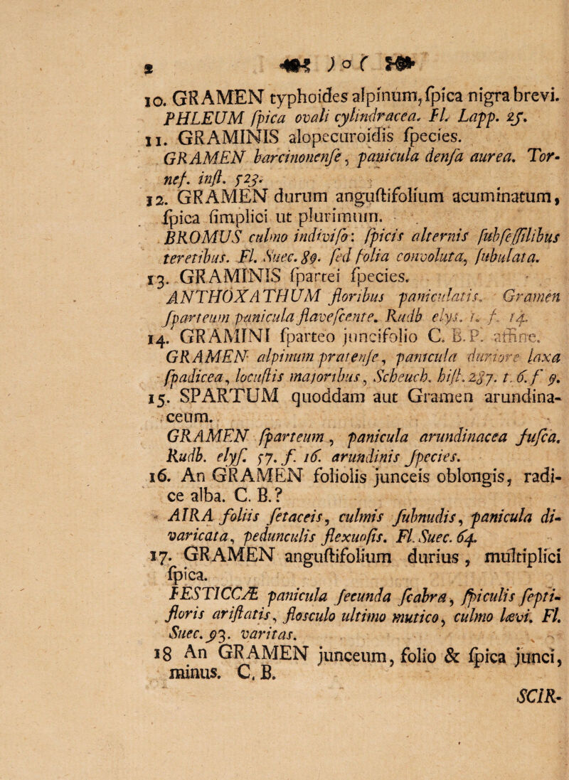 5 )o c 10. GRAMEN typhoides alpiniim^{{3ica nigra brevi. PHLEUM fpica ovali cylindracea. PL Lapp. 11. GRAMINIS alopecaroidis fpeeies. GRAMEN harcinonenfe ^ panicula denfa aurea. Tor- nef. infl. 12. GRAMEN durum anguftifolmm acuminatum, ipica fimplici ut plurimiiin. BROMUS culmo indivifo: [picis alternis fuhfeffilihus teretibus, FL Suec. Sg. fed [olia convoluta^ fubulata. 13. GRAMINIS fpartei fpecies. ANTHOXATHUM floribus paniculatis. Gramen fparteum panicula flave flente. Rudb elys, n / 14^ 14. GRAMINI fparteo juncifolio C B.P. atiine. GRAMEN alpintm prateNfl^ pamcula duriore laxa fpadicea^ locuflis majoribus ^ Scheuch, hiJt^zSj. t. 6, f 15. SPARTUM quoddam aut Gramen arundina¬ ceum.. GRAMEN fparteum panicula arundinacea flufca. Rudb. elyf. yy.f 16'. arundinis Jpecies. 16. An GRAMEN foliolis junceis oblongis^ radi¬ ce alba. C. B.? AIR A foliis fetaceis, culmis fubnudis.^ panicula di* varicata, pedunculis flexuofis. FL Suec. 17. GRAMEN anguftifoliiim durius, multiplici ipica. PESTICCAE. panicula fecunda flabra ^ /piculis fepti* floris ariflatis, flosculo ultimo mutico.^ culmo laevi. Fl. Suec.yy^. varitas. 18 An GRAMEN junceum, folio & Ipica junci, minus. C, B. SCIR*