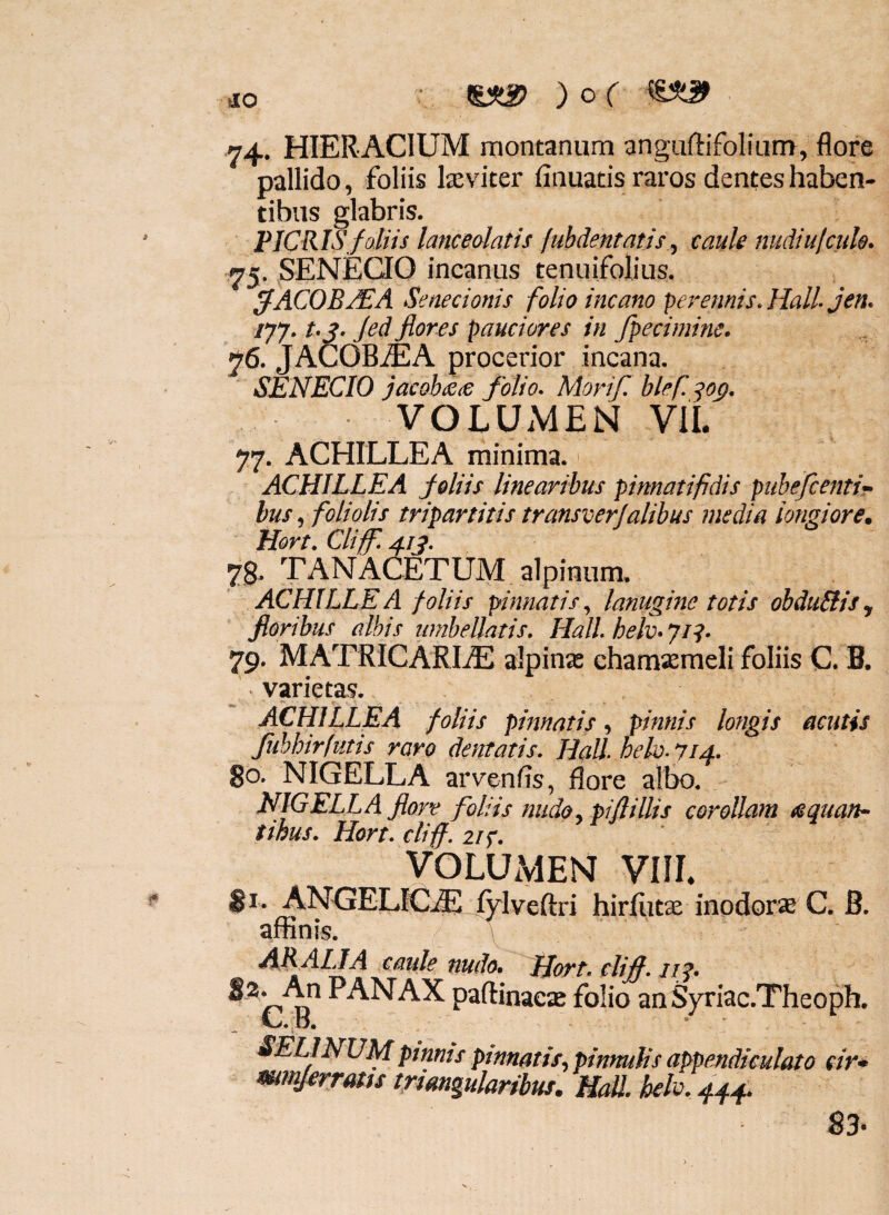 74. HIERACIUM montanum anguftifolium, flore pallido, foliis lasviter finuatis raros dentes haben¬ tibus glabris. PICRISf aliis lancedatis lubdentatis , caule nudiu[cule. 75. SENECIO incanus tenuifoljus. ffACOB^A Senecionis folio incano perennis. HalLjen* lyy. /. j. Jed flores pauciores in fpecimine. >76. JACOB^A procerior incana. SENECIO jacobieic folio. Morif, blef ^o^. VOLUMEN Vil. 77. ACHILLEA minima.' ACHILLEA Jeliis linearibus pinnati fi dis puhejc enti¬ bus , foliolis tripartitis transverjalibus media longiore. Hort. Cliff. 413. 7$. TANACETUM alpinum. ACHILLE A foliis pinnatis^ lanugine totis obduStis, floribus albis umbellatis, Hali. helv-Ji^. 79. MATRICARIiE alpina: chamsemeli foliis C. B. varietas. ACHILLEA foliis pinnatis, pinnis longis acutis Jishhirfutis raro dentatis. Hali- heki.714. 80. NIGELLA arvenfls, flore albo. NIGELLA flore foliis nudo, piflillis corollam tsquan- tihus. Hort. cliff. 21 f. volumen viii. 81. ANGtELIC.^ fylveftri hiriiuse inodor® C. B. affinis. \ AR ALIA caule nudod Ijort. clifi. np ^ PANAX paftinaeas folio anSyriac.Theoph. C.B. SEL1NUM ptnnts pinnatis, pinnulis appendieulato cir» mmflrratts triangularibus. HaU. beh. 444. 83-