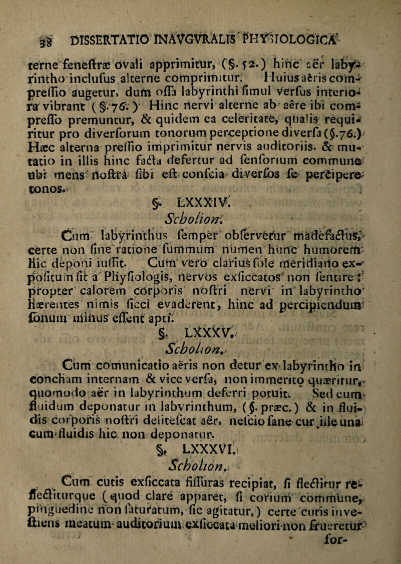 terne feneftrac ovali apprimitur, ( §. f 2.) hinc cer laby¬ rintho inclufus. alterne comprimitur. Huius afcris com- preflio augetur» dum offa labyrinthi fimul verfus in teri a* ra vibrant ( §. 7& ) Hinc nervi alterne abdere ibi com- preflo premuntur, & quidem ea celeritate, qualis requi¬ ritur pro diverforum tonorum perceptione diverfa ($.76.) Haec alterna preflio imprimitur nervis auditoriis, & mu¬ tatio in illis hinc fada defertur ad fenforium commune? ubi mens rtoftra fibi eft confcia diverfos fe percipere; tonos.' §. lxxxiv; Schoiioni Cum? labyrinthus femper obfervethr rhadefaflus^ certe non fine ratione furrlmum numen hunc humorem Hic deponi iuflit Curti vero clarius fole meri di a flo ex-^ pofituin fit a Pliyfiologis, nervos exficcatos non fentire i' propter’calorem corporis noftri nervi in labyrintho' Haerentes nimis ficci evaderent, hinc ad percipiendum' folium nullus edent apti: §. LXXXV. SchoUon Cum cotriunicatio aeris non detur exTabyrintho m concham internam & vice verfa> non immerito quaeritur^ quomodo aer in labyrinthum deferri potuit. Sed eum* fluidum deponatur in iabvrinthum, ($. prarc.) & in flui¬ dis corporis nottri deiitefcat aer, nelciofane cur nile una cum fluidis hic non deponatur. §* LXXXVlls Scbohon.i % Cum cutis exficcata fifluras recipiat, fi flefliuir fe- flefliturqye (quod clare apparet, fi cotium commune, pinguedine tfori 1 aturatum, fic agitatur,) certe cutis inve¬ hens meatum auditorium cxfiecata ineliorinonfrueretur for-
