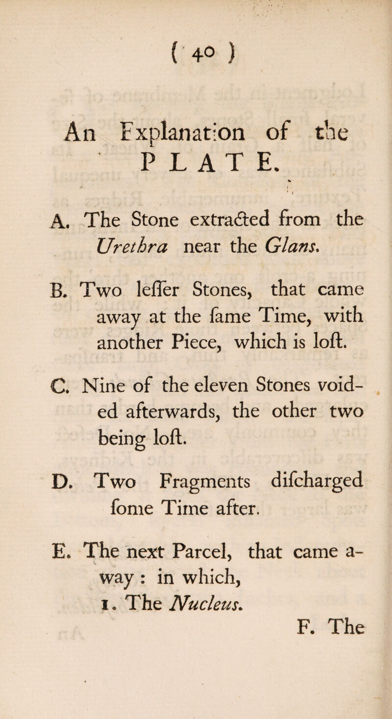 ('4° ) An Explanation of the PLATE. ‘ » A. The Stone extracted from the Urethra near the Gians. B. Two lefler Stones, that came away at the fame Time, with another Piece, which is loft. C. Nine of the eleven Stones void¬ ed afterwards, the other two being loft. D. Two Fragments difcharged fome Time after. E. The next Parcel, that came a- way : in which, i. The Nucleus. F. The