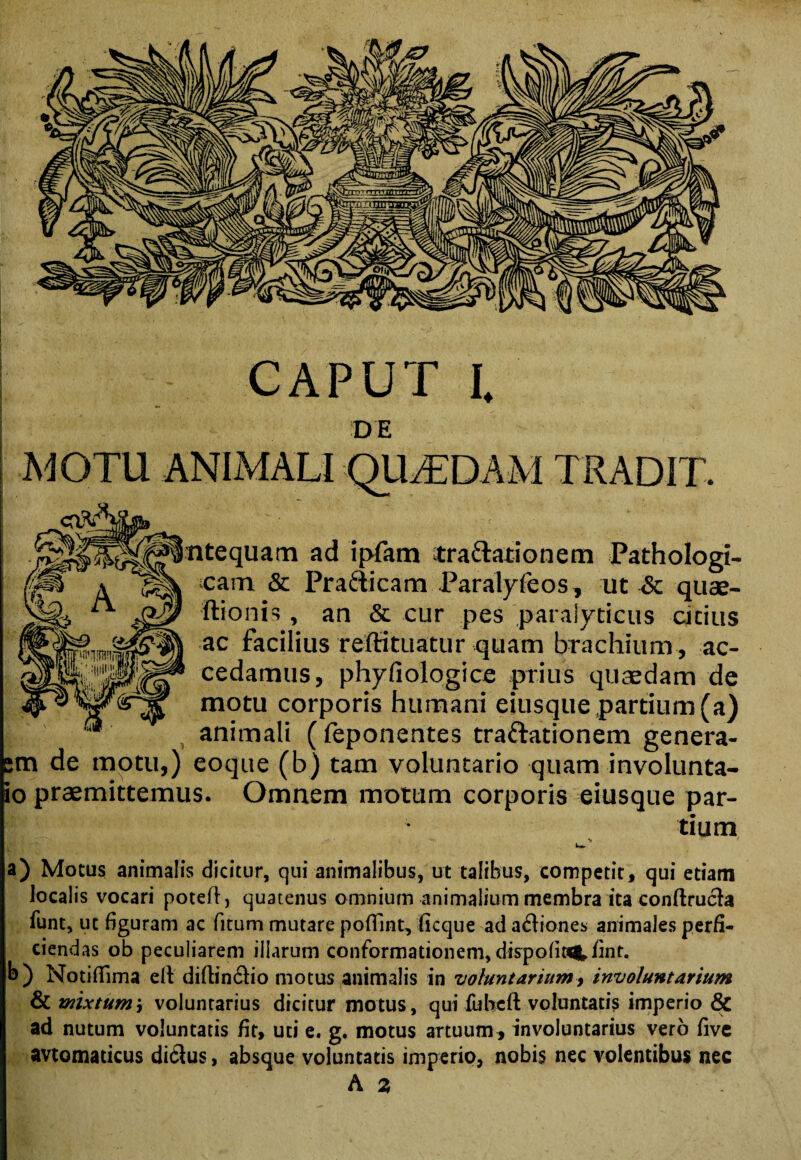 CAPUT I. DE MOTU ANIMALI QILEDAM TRADIT. ntequam ad ipfam traftationem Pathologi¬ cam & Pratiicam Paralyfeos, ut & quae- ftionis, an & cur pes paralyticus citius ac facilius reffituatur quam brachium , ac¬ cedamus, phyfiologice prius quaedam de motu corporis humani eiusque partium (a) animali ( feponentes traftationem genera- em de motu,) eoque (b) tam voluntario quam involunta- io praemittemus. Omnem motum corporis eiusque par¬ tium a) Motus animalis dicitur, qui animalibus, ut talibus, competit, qui etiam localis vocari potefl:, quatenus omnium animalium membra ita conftrucla funt, ut figuram ac fitum mutare pofllnt, ficque ad a&iones animales perfi¬ ciendas ob peculiarem illarum conformationem, dispoliat fint. b) Notiflima ell diftin&io motus animalis in voluntarium, involuntarium & mixtum i voluntarius dicitur motus, qui fubcft voluntatis imperio & ad nutum voluntatis fit, uti e. g. motus artuum, involuntarius vero five avtomaticus di<3us, absque voluntatis imperio, nobis nec volentibus nec