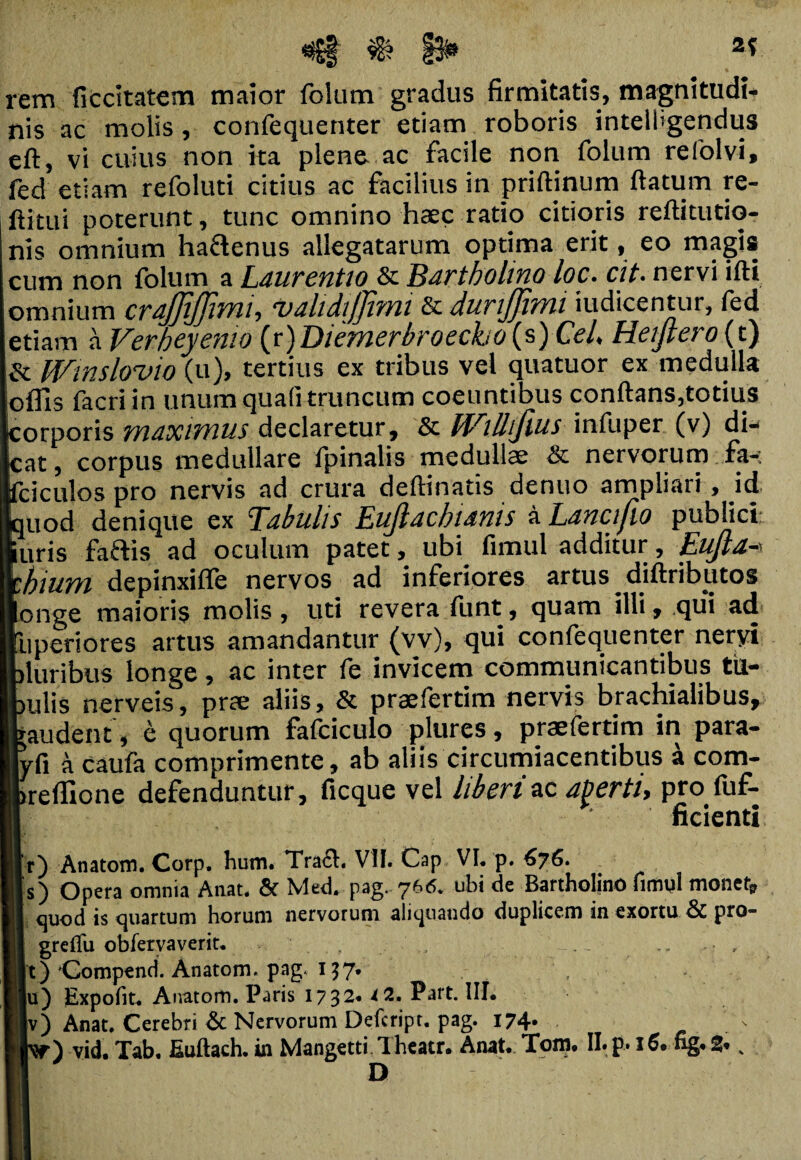 P» *f. rem ficcitatem maior folum gradus firmitatis, magnitudi¬ nis ac molis, confequenter etiam roboris intelbgendtis eft, vi cuius non ita plene ac facile non folum refolvi, fed etiam refoluti citius ac facilius in priflinum flatum re- ftitui poterunt, tunc omnino haec ratio citioris reflitutio- nis omnium hallenus allegatarum optima erit, eo magis cum non folum a Laurentio & Bartholino loc. cit. nervi ifli omnium crajjlfjimi, 'vahdtjjimi 8c dunjjimi iudicentur, fed etiam a Verheyemo (r) Diemerbroecho(s) Cei, Heijtero{t) Sc Winslovio (u), tertius ex tribus vel quatuor ex medulla oflls facriin unum quali truncum coeuntibus conflans,totius orporis maximus declaretur, & Wllhftus infuper (v) di- „at, corpus medullare fpinalis medullae & nervorum fa-; ciculos pro nervis ad crura deflinatis denuo ampliari , id juod denique ex Tabulis Eujlacbianis a Lancifio publici: uris fallis ad oculum patet, ubi fimul additur, Eujla-> 'hium depinxiffe nervos ad inferiores artus diftributos onge maioris molis, uti revera funt, quam illi, qui ad iiperiores artus amandantur (vv), qui confequenter neryi luribus longe, ac inter fe invicem communicantibus til- ulis nerveis, prae aliis, & praefertim nervis brachialibus, audent , e quorum fafciculo plures, praefertim in para- rfi a caufa comprimente, ab aliis circumjacentibus a com- reflione defenduntur, ficque vel liberi ac aperti, pro fuf- ficienti r) Anatom. Corp. hum. Tra£l. VII. Cap VI. p. 676. is) Opera omnia Anat. & Med. pag- 766. ubi de Bartholino fimul monet, quod is quartum horum nervorum aliquando duplicem in exortu & pro* greffu obfervaverit. . ■ '' _ .. .. , jt) Compend. Anatom. pag. 157* Iu) Expofit* Anatom. Paris 1732* 4 2* Part. III* |v) Anat. Cerebri & Nervorum Defcripr. pag. 174. ■) vid.Tab, Euftach. in Mangetti /Iheatr. Anat* Tom* II. p, 16. % 2*. D
