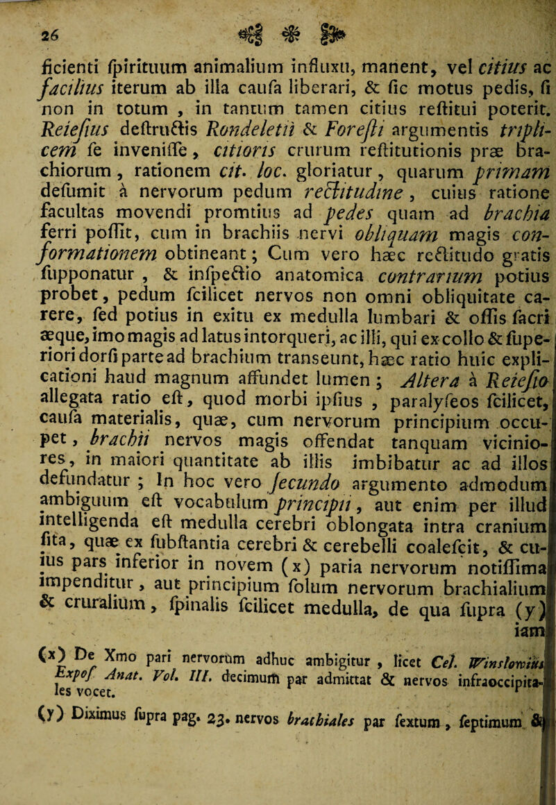 ficienti fpmtuiim animalium influxu, manent, vel citius ac facilius iterum ab ilia caufa liberari, & fic motus pedis, fi non in totum , in tantum tamen citius reditui poterit. Reiefius deftru&is Rondeletii & Forefli argumentis tripli¬ cem fe inveniiTe, citioris crurum reftitutionis prae bra¬ chiorum , rationem at- loc. gloriatur, quarum primam defumit a nervorum pedum reclitudine , cuius ratione facultas movendi promtius ad pedes quam ad brachia ferri poffit, cum in brachiis nervi obhauam magis con¬ formationem obtineant; Cum vero haec reflitudo gratis fupponatur , & infpe&io anatomica contrarium potius probet, pedum fcilicet nervos non omni obliquitate ca¬ rere, fed potius in exitu ex medulla lumbari & offis (acri aeque, imo magis ad latus intorqueri, ac illi, qui ex collo &fupe~ riori dorfi parte ad brachium transeunt, haec ratio huic expli¬ cationi haud magnum affundet lumen ; Altera a Reiejio allegata ratio eft, quod morbi ipfius , paralyfeos fcilicet, caufa materialis, quae, cum nervorum principium occu¬ pet , brachii nervos magis offendat tanquam vicinio¬ res, in maiori quantitate ab illis imbibatur ac ad iliosi defundatur ; In hoc vero fecundo argumento admodum ambiguum eft vocabulum principii, aut enim per illud mtelligenda eft medulla cerebri oblongata intra cranium fita, quae ex fubftantia cerebri & cerebelli coalefcit, Sc cu- • i • in novem (x) paria nervorum notiffima impenditur, aut principium folum nervorum brachialium! & cruralium, (pinalis fcilicet medulla, de qua fupra (y)fj iaml (x) De Xmo pari nervorum adhuc ambigitur , licet Cei jrinstomkm hxpoj Anat. Vol. III. decimuifi par admittat & nervos infhoecipitaJl les vocet. r >1 (y) Diximus fupra pag. 23* nervos brachiales par fextum , feptimum &}