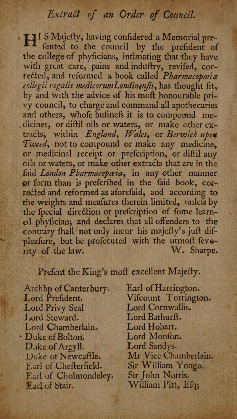 — “* fented to the council by the prefident of the college of phyficians, intimating that they have’ with great care, pains and induftry, revifed, cor- rected, and reformed a book called Pharmacopawia collegii regalis medicorumLondinenfts, has thought fit, by and with the advice of -his moft honourable pri- vy council, to charge and command all apothecaries and others, whofe bufinefs it is to compottnd me-_ _,dicines, or diftil oils or waters, or make other ex- tracts, within England, Wales, or Berwick upox Tweed, not to compound or make any medicine, or medicinal receipt or prefcription, or diftil any oils or waters, or make other extra¢ts that are in the — faid London Pharmacopwia, in any other manner gr form than is prefcribed in the faid book, cor- _ re€ted and reformed as aforefaid, and according to the weights and meafures therein limited, unlefs by the fpecial dire€tion or prefcription of fome learn- ed phyfician; and declares that all offenders to the contrary fhall not only incur his majefty’s juft dif- _ pleafure, but be profecuted with the utmoft feve- Ei rity of the law. W. Sharpe. - jaa Prefent the King’s moft excellent Majefty. _ Archbp of Canterbury. — Earl of Harrington. Lord Prefident. Vifcount Torrington. Lord Privy Seal Lord Cornwallis. Lord Steward. Lord Bathurft. Lord Chamberlain. Lord Hobart. _ * Duke of Bolton. Duke of Argyll. : Duke of Newcaftle. Earl of Chefterfield. * Earl of Cholmondeley. Earl of Stair. : Lord Monfon. Lord Sandys. — oh oh tae Mr Vice Chamberlain. Sir William Yonge.