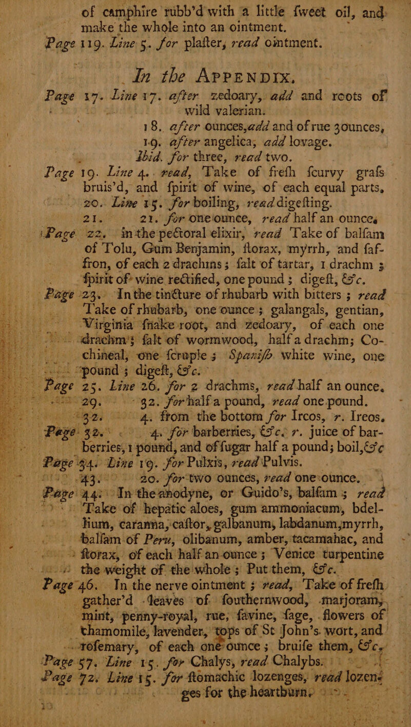 of camphire rubb’d'with ‘a little fweet oil, and: . ~ make the whole into an ointment. Page 119. Line 5. for platter, read omtment. In the Appennix, | Page “thi Line 17. after zedoary, add and roots of wild valerian. 18, after ounces,add and of rue 30unces, 19. after angelica, add \ovage. i Lbid. for three, readtwo. - Page 19. Line 4.. read, T ake of freth feurvy grafs | bruis’d, and fpirit ‘of wine, of each equal parts, 20. Line i 5. for boiling, read digefting, 21. 2%. for oneiounce, read half an ounce, Page 22, inthe pectoral elixir, read ‘Take of balfam of Tolu, Gum Benjamin, florax, myrrh, and faf- fron, of each 2 drachins ; 3 falt of tartar, 1.drachm 3; fpirit of wine reGtified, one pound; digeft, &amp;c. Page 23, Inthe tinéture of rhubarb with bitters ; read TRS Take of rhubarb, one ounce ; galangals, gentian, Pia 6 Sap fake root, and zedoary, of each one _ idrachm’: falt of wormwood, half a drachm; Co- _____ chineal, one fcraple 3 Spaxiyo white wine, one \Sapee - “pound 5 digeft, OF Gi? a 25. Line 26. for 2 drachms, read half an ounce, Yi jaaswy) 92. forhalfa pound, vead one pound. 32. 4, from the bottom for Leos; r. Ireos. ay Page 32.° «4, for barberries, €Fc. 7. juice of bar- pie _ berries, I pound, and of fugar half a ponte boil, &lt;x¢ ie Page: 3 Line 19. for Pulxis, read Pulvis. ot 3. 20. for*two ounces, read onevounce, — Poge Hae In ‘the anodyne, or Guido’s, balfam 5 read om Take of hepatic aloes, gum ammoniacum, bdel- _ hum, caranna,caftor, galbanum, labdanum myrrh, Sallam: of Peru, olibanum, amber, tacamahac, and » ftorax, of each half an-ownce ; Venice: turpentine 128 the weight of the whole 5 Pat them, &amp;e. Pag re agen “Tn the nerve ointment ; read, Take of frefh, | ather’d eaves of fouthernwood, tharjoram,. mint, penny-royal, rue, favine, fage, flowers of , amomile, lavender, topsof St John’s. wort, and -rofemary, ‘of each one ounce ;_ bruife them, —e Pape: 57. Line v5. for Chalys, read Chalybs: : i At wage Stee a tor ftomachic lozenges, raid lozen ges for vp nee 19 ny