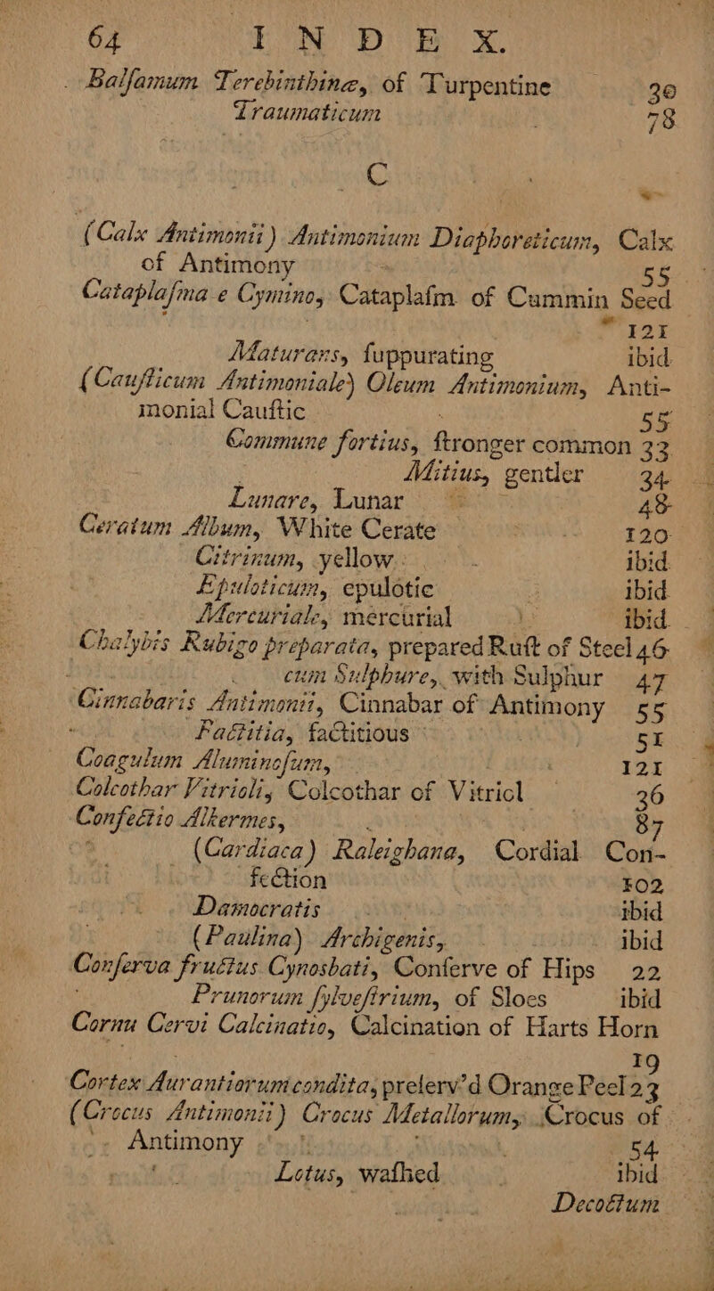 _ Balfamum Terebinthine, of Turpentine 30 Zraumaticum 7 C 9 ~ ¢f Calx Antimonii) Antimonium Diaphoreticum, Calx of Antimony | 55 Cataplafma e Cymino, Cataplafm of Cummin Seed iS | Maturans, fuppurating ibid, (Caufticum Antimoniale) Oleum Antimonium, Anti- monial Cautftic | 55 Commune fortius, ftronger common 33 Mitius, gentler 3.4, Lunare, Lunar 43 Cevatum Album, White Cerate Ws 120: Citrinum, yellow.: ibid. Epuloticum, epulotic 2 ibid. MMercuriale, mercurial 1s ibid. Chalybis Rubizo preparata, prepared Rutt of Steel 46 bee cum Sulphure, with Sulphur 47 Ginnabaris Antimonii, Cinnabar of Antimony ae : Faétitia, faGtitious SI Coagulum Aluminofum, | : 12 Coleothar Vitrialiy Colcothar of Vitricl — 36 Confectio Alkermes, ‘ : ) 87 (Cardiaca) Raleighana, Cordial Con- feCtion FO2 Damocratis rbid (Paulina) Archigenis, ibid Conferva fruétus Cynosbati, Conferve of Hips 22 Prunorum fyluefirium, of Sloes ibid Cornu Cervi Calcinatio, Calcination of Harts Horn Cortex Aurantiorum condita, prelerv’d Orange Peel 23 (Crocus Antimonii) Crocus Metallorumy (Crocus of _. Antimony fi 54 mere ae Lotus, wafhed | ibid ak Decoftum —