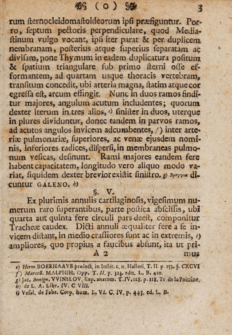 rum dernocleidomaftoideorum ipfi praefiguntur. Por¬ ro, feptum pedoris perpendiculare, quod Media- ftinum vulgo vocant, ipd iter parat & per, duplicem, nembranam, poderius atque fuperius feparatam ag divifara, pone Thymum in eadem duplicatura pofitum Sc fpatium triangulare fub primo derni ofle e in¬ formantem, ad quartam usque thoracis vertebram, tranfitum concedit, ubi arteria magna, datim atque cor egreffa ed, arcum effingit. Nunc in duos ramos findi¬ tur majores, angulum acutura includentes; quorura dexter iterum in-tres alios, finider in duos, uterque in plures dividuntur, donec tandem in parvos ramos, ad acutos angulos invicem adcunobentes, /) inter arte¬ riae pulmonariae, fuperiores, ac venae ejusdem nomi¬ nis, inferiores radices, difperfi, in membraneas pulmo¬ num veficas, definunt. Rami majores eandem fere habent capacitatem, longitudo vero aliquo modo va¬ riat, fiquidem dexter brevior exidit finidro. $ Brw* di¬ cuntur GALENO, h) §. V. Ex plurimis annulis cartilaginofis, vlgefimum nu¬ merum raro fuperantibus, parte poiiica abfciffis, ubi quarta aut quinta fere circuli parsdeeft, componitur Tracheae caudex. Didi annuli aequaliter fere a fe in¬ vicem didant, in medio craffiores funt ac in extremis, i) ampliores, quo propius a faucibus abfunt, ita ut pri- A 2 mus e) Herm BOERHAAVE praelect, in Inflit, e. n. Halleri, T, TI p 15}« §< CXGY2 f) Marcett. MALPIGH* Gpp. T. II. p. edit, L. B. 4to. g) Jac* i$cnign% VVINSLOV, £xp,anatona- T.IV.uS* p* 112« Tr,<delaPoitujietf b) de L. Ai tibr. IV. C VIII. i) Yefol, de Fabr, C©rp, bum» U VI. C. IV, p» 44J, cd, L. B*