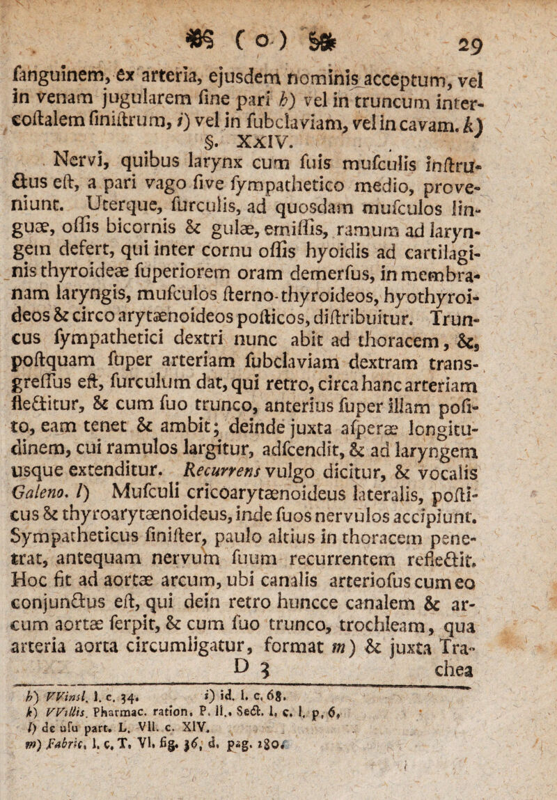 fanguinem, Cx arteria, ejusdem nominis acceptum, vel in venam jugularem fine pari b) vel in truncum inter- coftalem finiftru m, i) vel in fubdaviam, vel in cavam, k) §. XXIV. . Nervi, quibus larynx cum filis mufculis inftrtr- ftus eft, a pari vago five fympathetico medio, prove¬ niunt. Uterque, furculis, ad quosdam musculos lin¬ guae, offis bicornis Sc gulae, emiffis, ramum ad laryn¬ gem defert, qui inter cornu offis hyoidis ad cartilagi¬ nis thyroideae fuperiorem oram demerfus, in membra¬ nam laryngis, mufculos fterno-thyroideos, hyothyroi- deos Sc circo arytaenoideos pofticos, diftribuitur. Trun¬ cus fympathetici dextri nunc abit ad thoracem, Sc, poftquam fuper arteriam fubclaviam dextram trans- greffus eft, furculum dat, qui retro, circa hanc arteriam fleditur, Sc cum fuo trunco, anterius fuper illam pofi- to, eam tenet Sc ambit; deinde juxta afperae longitu¬ dinem, cui ramulos largitur, adfcendit, & ad laryngem usque extenditur. . Recurrens vulgo dicitur, Sc vocalis Galeno. I) Mufculi cricoarytaenoideus lateralis, porti¬ cus Sc thyroarytaenoideus, inde fuos nervulos accipiunt. Sympatheticus finifter, paulo altius in thoracem pene¬ trat, antequam nervum fuum recurrentem refledif. Hoc fit ad aortae arcum, ubi canalis arteriofus cum eo conjundus eft, qui dein retro huncce canalem Sc ar¬ cum aortae ferpit, Sc cum fuo trunco, trochleam, qua arteria aorta circumligatur, format m) & juxta Tra- D 3 chea h) Winsl. 1. c. 34. t) id, L c, 6g. k) VVillis. Pharmac. ration, P, Ji.« Sedi, 1, c. 1, p, 69 l) de ufu part. L. VU. c. XIV, ■ • . m) Fabric, 1. c, T. VI. fig« $6, d. pag.