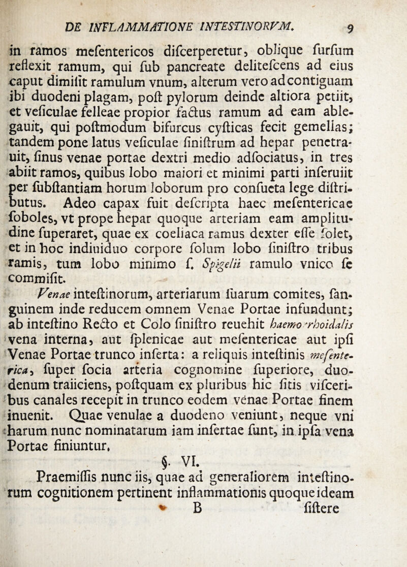 in ramos mefentericos difcerperetur, oblique furfum reflexit ramum, qui fub pancreate delitefcens ad eius caput dimifit ramulum vnum, alterum vero ad contiguam ibi duodeni plagam, poft pylorum deinde altiora petiit, et veficulae felleae propior factus ramum ad eam able- gauit, qui poftmodum bifurcus cyfticas fecit gemellas; tandem pone latus veficulae finlftrum ad hepar penetra- uit, finus venae portae dextri medio adfociatus, in tres abiit ramos, quibus lobo maiori et minimi parti inferuiit per fubftantiam horum loborum pro confueta lege diftri- butus. Adeo capax fuit defcripta haec mefentericae foboles, vt prope hepar quoque arteriam eam amplitu¬ dine fuperaret, quae ex coeliaca ramus dexter efle folet, et in hoc indiuiduo corpore folum lobo finiftro tribus ramis, tum lobo minimo f, Sfgelii ramulo vnico fc commifit. Venae inteftinorum, arteriarum fuarum comites, fan- guinem inde reducem omnem Venae Portae infundunt; ab inteftino Redo et Colo finiftro reuehit haemosrhoidalis vena interna, aut fplenicae aut mefentericae aut ipfi Venae Portae trunco inferta: a reliquis inteftinis mefente- rica, fuper focia arteria cognomine fuperiore, duo¬ denum traiiciens, poftquam ex pluribus hic fitis vifceri- bus canales recepit in trunco eodem venae Portae finem inuenit. Quae venulae a duodeno veniunt, neque vni harum nunc nominatarum iam infertae funt, in ipfa vena Portae finiuntur, $. VI. Praemiffis nunc iis, quae ad generaliorem inleftino- rum cognitionem pertinent inflammationis quoque ideam v B fiftere V