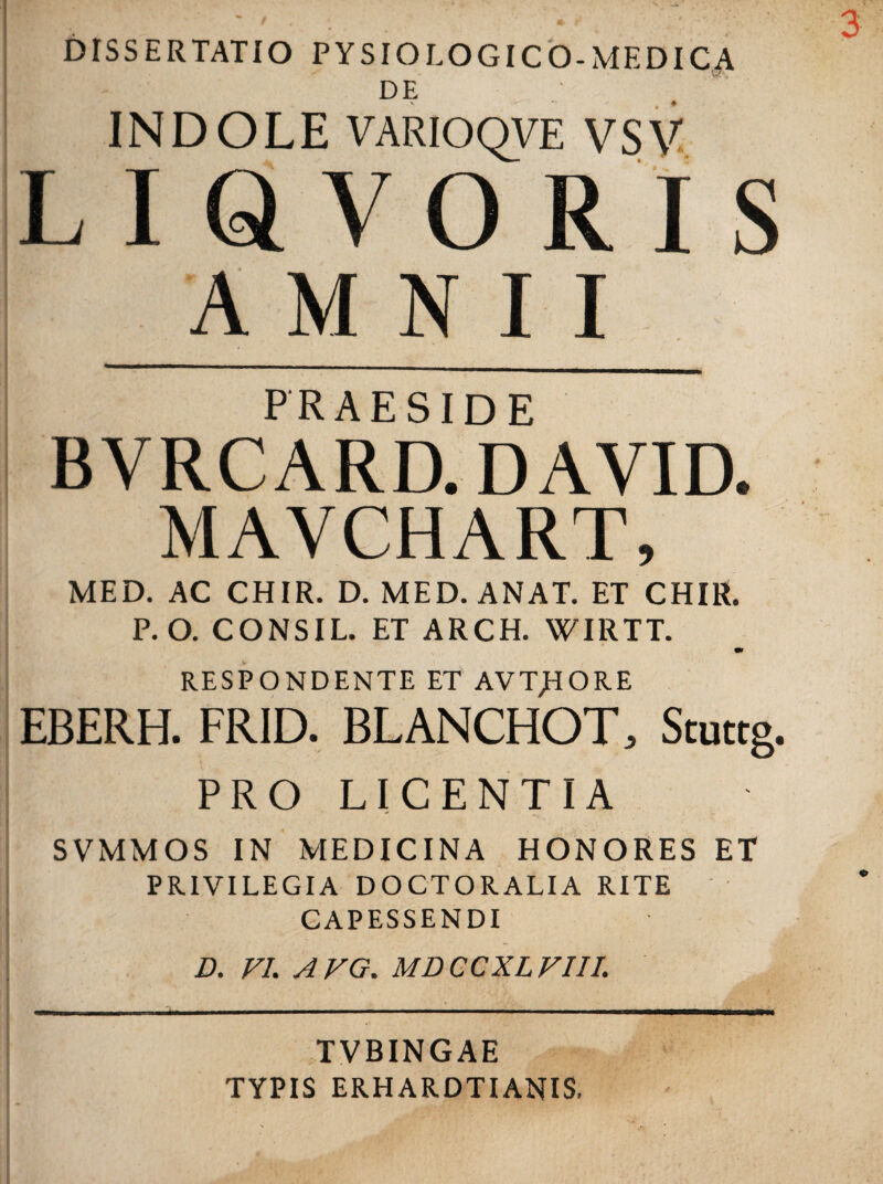 DISSERTATIO PYSIOLOGICO-MEDICA DE INDOLE VARIOQVE VSV LIQVORIS AMNII PRAESIDE BVRCARD. D AYID. MAVCHART, MED. AC CHIR. D. MED. ANAT. ET CHIR. P. O. CONSIL. ET ARCH. WIRTT. m RESPONDENTE ET AVTpIORE EBERH. FRID. BLANCHOT, Stuttg. PRO LICENTIA SVMMOS IN MEDICINA HONORES ET PRIVILEGIA DOCTORALIA RITE CAPESSENDI D. FI. AVG. MDCCXLFIII. ■m» i mnAi i i ■ ■! .i ■■ i. —emmMmmmam—a—mmm—mamm TVBINGAE TYPIS ERHARDTIANIS,