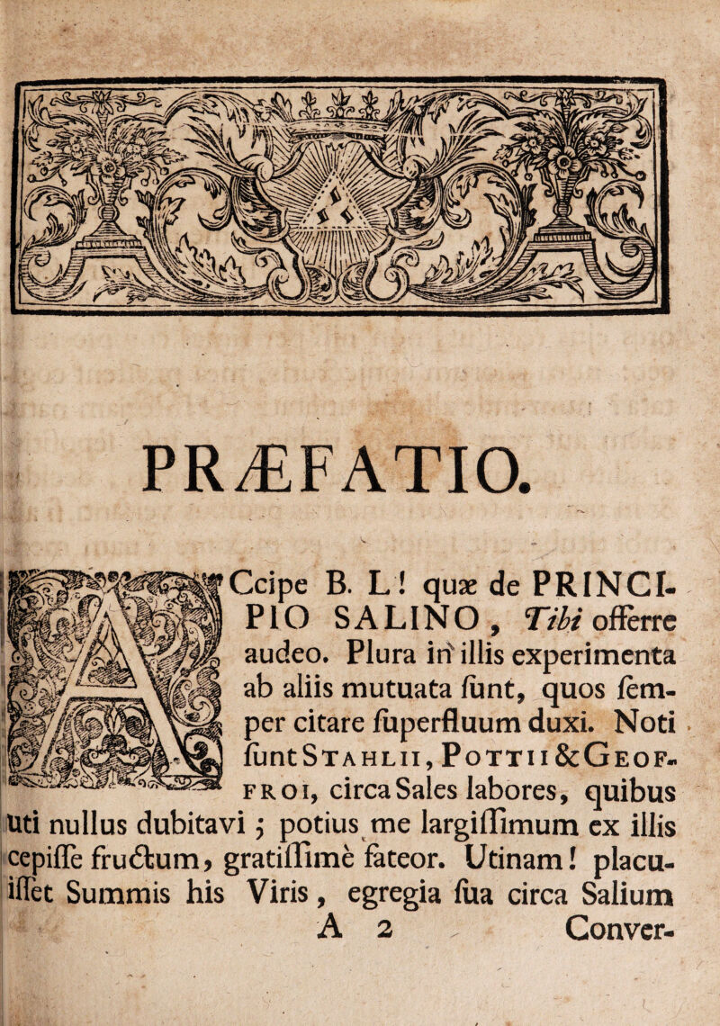 Ccipe B. L! qux de PRINCI- offerre perimenta aiiis mutuata fimt, quos fem- per citare fuperfluum duxi. Noti funtSTAHLii, Pottii&Geof» froi, circa Sales labores, quibus Uti nullus dubitavi j potius me largiffimum ex illis cepifle frudtum, gratiirime fateor. Utinam! placu- ^ummis his Viris, egregia fua circa Salium A 2 . Conver-