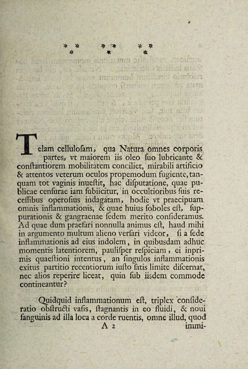 » * * * * r* *' * * * T elam cellulofam, qua Natura omnes corporis partes* vt maiorem iis oleo fuo lubricante & conftantiorem mobilitatem conciliet, mirabili artificio & attentos veterum oculos propemodum fugiente, tan- quam tot vaginis inueftit, hac dilputatione, quae pu¬ blicae cenfurae iam fubiicitur, in occultioribus fuis re- ceffibus operofius indagatam, hodie vt praecipuam omnis inflammationis, & quae huius foboles eft, lup- purationis & gangraenae fedem merito confideramus. Ad quae dum praefari nonnulla animus eft, haud mihi in argumento multum alieno verfari videor, fi a fede inflammationis ad eius indolem, in quibusdam adhuc momentis latentiorem, paulifper refpiciam , ei inpri- mis quaeftioni intentus, an fingulos inflammationis exitus partitio recentiorum iufto fatis limite difcernat, nec alios reperire liceat, quin fub iisdem commode contineantur? Quidquid inflammationum eft, triplex confide- ratio obftrufti vafis, ftagnantis in eo fluidi, & noui fanguinis ad illa loca a corde ruentis, omne illud, quod A 2 «nmi-