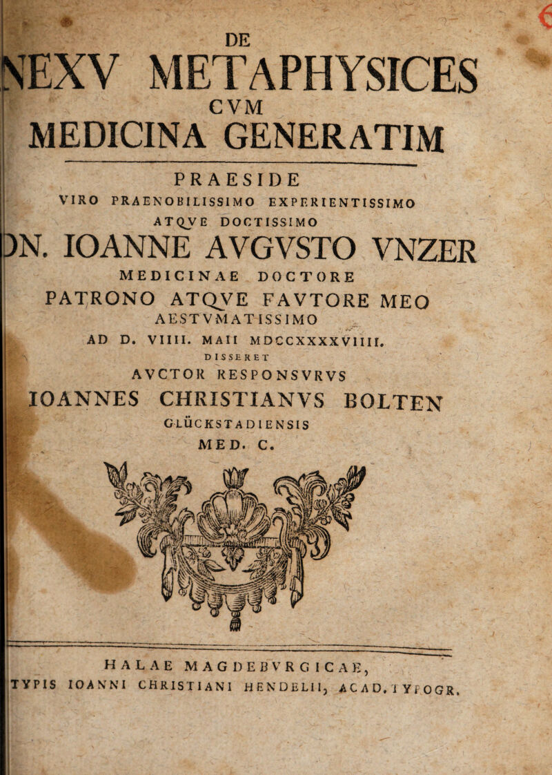 DE SEXV METAPHYSICES CVM MEDICINA GENERATIM PRAESIDE VIRO PRAENOBILISSIMO E X P E R I E N TISSIMO ATQJ/E DOCTISSIMO 3N. IOANNE AVGVSTO VNZER MEDICINAE DOCTORE PATRONO ATQVE FAVTORE MEO AEST VMATISSIMO AD D. VIIII. M A11 MDCCXXXXVIIir. D I S S E R E T AVCTOK RESPONSVRVS IOANNES CHRISTIANYS BOLTEN CLUCKSTA D IENSIS MED. C. halae magdebvrgicah, TYPIS IOANNI CHRISTIANI HENDELII, ACAD/IYfOGR,
