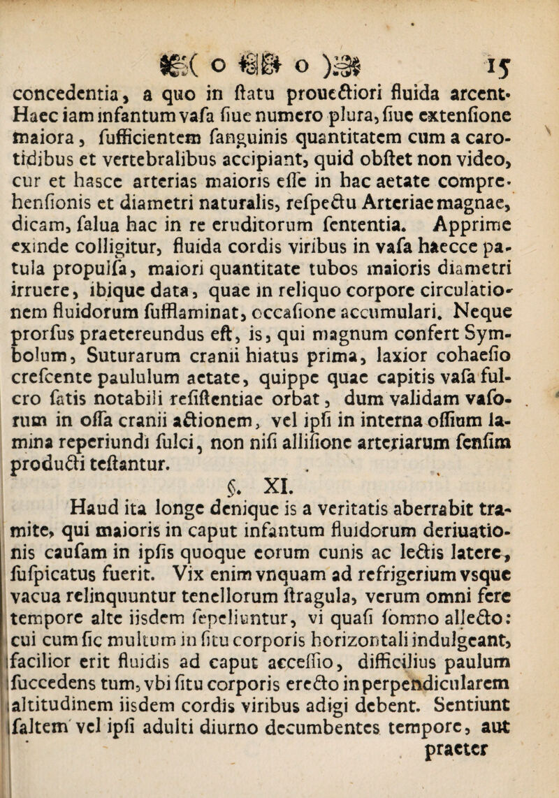 concedentia, a quo in flatu prouediori fluida arcent* Haec iam mfantum vafa flue numero plura, fiue cxtenlione maiora, fufficientcm fanguinis quantitatem cum a caro¬ tidibus et vertebralibus accipiant, quid obftet non video, cur et hasce arterias maioris elTc in hac aetate compre- henfionis et diametri naturalis, refpedu Arteriae magnae, dicam, falua hac in re eruditorum fententia. Apprime exinde colligitur, fluida cordis viribus in vafa haecce pa- tula propuifa, maiori quantitate tubos maioris diametri irruere, ibiquedata, quae in reliquo corpore circulatio¬ nem fluidorum fufflaminat, cccafione accumulari. Neque prorfus praetereundus eft, is, qui magnum confert Sym¬ bolum, Suturarum cranii hiatus prima, laxior cohaefio crefcente paululum aetate, quippe quae capitis vala ful¬ cro fatis notabili refiftcntiae orbat, dum validam vafo- . rum in oifa cranii adionem > vel ipfl in interna oilium la¬ mina reperiundi fulci, non nili allilionc arteriarum fenlim produdi tcftantur. §. XI. Haud ita longe denique is a veritatis aberrabit tra¬ mite, qui maioris in caput infantum fluidorum deriuatio- nis caufam in ipfis quoque eorum cunis ac ledis latere, fufpicatus fuerit. Vix enimvnquam ad refrigerium vsque vacua relinquuntur tenellorum ftragula, verum omni fere tempore alte iisdem lepeliuntur, vi quali lornno alledo: cui cum lic multum in litu corporis horizontali indulgcant, ifacilior erit fluidis ad caput acceffio, difficilius paulum fuccedens tum, vbi litu corporis eredo in perpendicularem ;altitudinem iisdem cordis viribus adigi debent. Sentiunt Ifaltem vel ipii adulti diurno decumbentes tempore, aut praeter