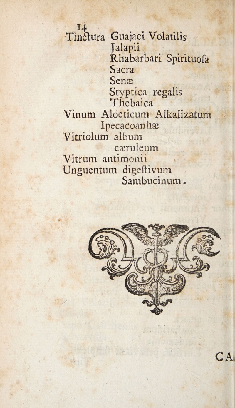 Tinótura Guajaci Volatilìs Jalapii Rhabarbari Spirituofa Sacra Senaj Stvptica regalis Thebaica Vinum Aloeticum Alkalizatum Ipecacoanhse Vitriolum album caeruleum Vitrum antimonii Unguentum digeltivum Sambucinum.