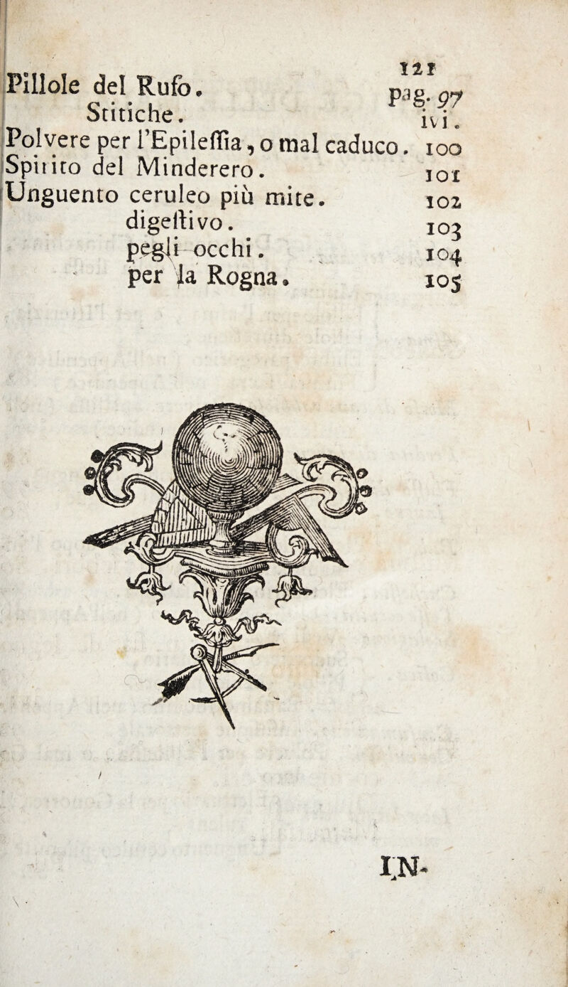 Pìllole del Rufo. Scitiche. Polvere per l’Epileflìa, o mal caduco. Spirito del Minderero. Unguento ceruleo più mite. digerivo, pegli occhi. per la Rogna, ut Pag- 97 ivi. IOO JOt IOZ 103 104 i°S