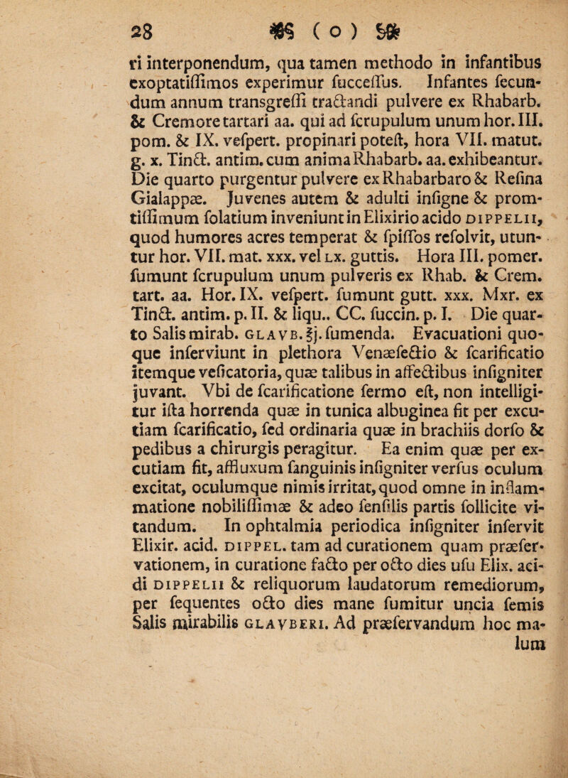 ri interponendum, qua tamen methodo in infantibus exoptatiflimos experimur fucceffus. Infantes fecun- dum annum transgredi tradandi pulvere ex Rhabarb. & Cremore tartari aa. qui ad fcrupulum unum hor.III. pom. & IX. vefpert. propinari poteft, hora VII. matut. g. x. Tind. antim.cum anima Rhabarb. aa. exhibeantur. Die quarto purgentur putvere ex Rhabarbaro & Refina Gialappae. Juvenes autem & adulti infigne & prom- tiffimum folatium inveniuntin Elixirio acido dippelii, quod humores acres temperat & fpiflbs rcfolvit, utun- tur hor. VII. mat. xxx. vel lx. guttis. Hora III. pomer. fumunt fcrupulum unum pulveris ex Rhab. & Crem. tart. aa. Hor. IX. vefpert. fumunt gutt. xxx. Mxr. ex Tinft. antim. p. II. & liqu.. CC. fuccin. p. I. Die quar¬ to Salismirab. GLAVB.fj.fumenda. Evacuationi quo¬ que inferviunt in plethora Venaefedio & fcarificatio itemqueveficatoria,quae talibus in affedibus infigniter juvant. Vbi de fcarificatione fermo eft, non intelligi- tur ifta horrenda quae in tunica albuginea fit per excu¬ tiam fcarificatio, fed ordinaria quae in brachiis dorfo & pedibus a chirurgis peragitur. Ea enim quae per ex¬ cutiam fit, affluxum fanguinis infigniter verfus oculum excitat, oculumque nimis irritat, quod omne in inflam¬ matione nobiliffimae & adeo fenfilis partis follicite vi¬ tandum. In ophtalmia periodica infigniter infervit Elixir. acid. dippel. tam ad curationem quam praefer- vationem, in curatione fado per odo dies ufu Elix, aci¬ di dippelii & reliquorum laudatorum remediorum, per fequentes odo dies mane fumitur uncia femis Salis mirabilis glavberi. Ad praefervandum hoc ma¬ lum