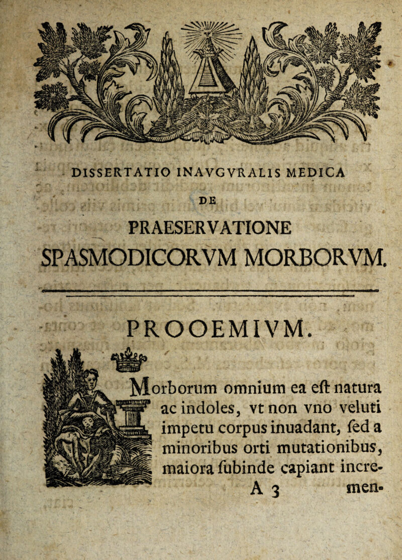 DE PRAESERVATIONE SPASMODICORVM MORBORVM. PROOEMIVM. Morborum omnium ea eft natura ac indoles, vt non vno veluti impetu corpus inuadant, fed a minoribus orti mutationibus, maiora fubinde capiant incre- A 3 men-