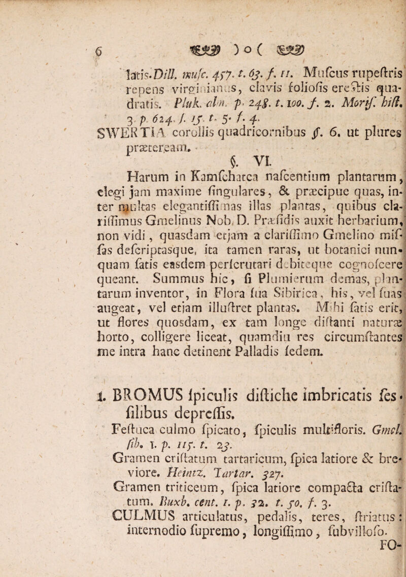 ' dHT c \ ■ ’ ^ -v , ' . ( f ' y latis. DiU. tmfc. 4)7-1.6j. f. n. Mufcus rupeftris repens virginianus, clavis foliofis eredis qua¬ dratis. Pluk. cibn, p 24$. 1.100. f. 2. Morif. bili. 3 p. 614 /. ij t. 5' t- 4• I SWERTIA corollis quadricornibus jf. 6. ut plurcs praeteream. - $. VI. Harum in Kamfehatca nafcentinm plantarem, degi jam maxime lingulares, & praecipue quas, in¬ ter multas elegandffifnas illas plantas, quibus cla- riffimus Gmelinus Nob, D. Pra fidis auxit herbarium, sion vidi, quasdam et jam a clariffimo Gmelino mif- fis deferiptasque, ita tamen raras, ut botanici nun¬ quam fatis easdem perlcrutari debiteque ccgnofcere queant. Summus hic, fi Plumierurn demas, plan¬ tarum inventor, in Flora hia Sibirica, his, velfuas . augeat, vel etiam illuflret plantas. Mihi fatis erit, ut flores quosdam, ex tam longe diflanci natura horto, colligere liceat, quamdiu res circumflantes me intra hanc detinent Palladis fedem. ■ & BROMUS lpiculis diftiche imbricatis fes« filibus depreflis. Fefluca culmo lpicato, fpiculis multifloris. Gmcl. fib. 1. p. up. t. 2J. Gramen criflatum tartaricum, fpica latiore & bre¬ viore. Heintz. Jarlar. 427. Gramen triticeum, fpica latiore compa£ta crifla- tum. lluxb. cent. i.p. 31. t. fo. f. 3. CULMUS articulatus, pedalis, teres, flriatus: internodio fupremo, longiflimo, fubvillofo. , FO-