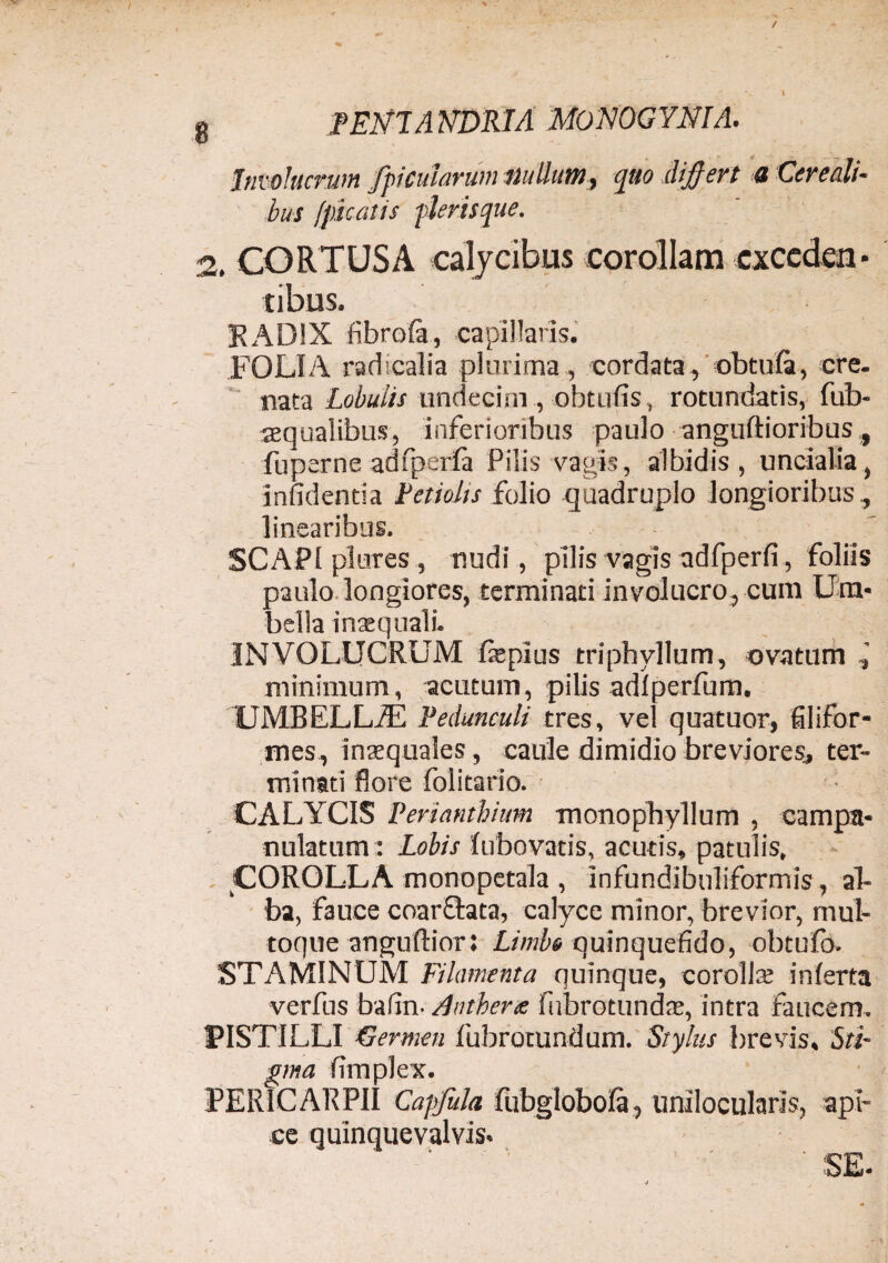 Involucrum /picularum nullum, quo dijjert a Cereali¬ bus [picatis plerisque. 2. CORTUSA calycibus corollam exceden¬ tibus. KAD1X fibrofa, capillaris. FOLIA radiealia plurima , cordata, obtufa, cre- nata Lobulis undecim , obtufis, rotundatis, fab¬ ae qualibus, inferioribus paulo anguftioribus, fuperne adfperla Pilis vagis, albidis, uncialia, Infidentia Petiolis £cilio quadruplo longioribus,, linearibus. SCAPI plures, nudi, pilis vagis adfperfi, foliis paulo longiores, terminati involucro, cum Um¬ bella inaequali. INVOLUCRUM fiepius triphyllum, ovatum ^ minimum, acutum, pilis adlperfum. UMRELLfE Pedunculi tres, vel quatuor, filifor¬ mes, inaequales, caule dimidio breviores, ter¬ minati flore folitario. CALYCIS Perianthium monophyllum , campa- nulatum: Lobis lubovatis, acutis, patulis, COROLLA monopetala , infundlbuliformis, al¬ ba, fauce coar&ata, calyce minor, brevior, mul¬ toque anguftior: Limbo quinquefido, obtufo. STAMINUM Filamenta quinque, corolla; inferta verfus bafin- Authera fhbrotunda;, intra faucem. PISTILLI Germen fubrotundum. Stylus brevis. Sti¬ gma fimplex. PERICARPII Capfula fubglobola, unllocularis, api¬ ce quinquevalvis-