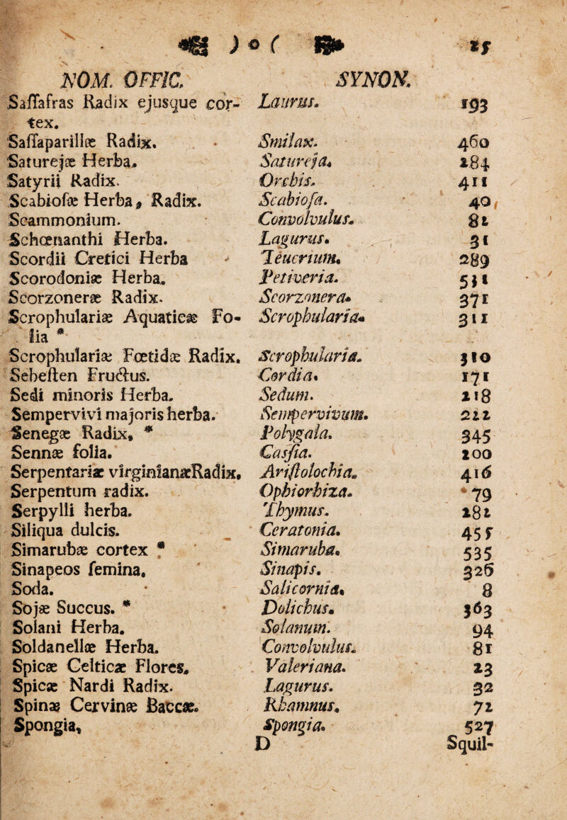 m )°( m ,N ^ ' , •' / NOM. QFFia SafTafras Radix ejusque cor¬ tex. Saffaparillce Radix. Satureji Herba.. Satyrii Radix, Scabiofe Herba * Radix. Scammonium. Schcenanthi Herba. Scordii Cretici Herba Scorodoniae Herba. Scorzonerae Radix. Scrophulariae Aquatica Fo- iia * Scrophularise Foetida Radix. Sebeften Fru&us. Sedi minoris Herba. Sempervivi ma joris herba. Senegae Radix* * Sennae folia. Serpentariae virginlamcRadix. Serpentum radix. Serpylli herba. Siliqua dulcis. Simarubae cortex * Sinapeos femina, Soda. Sojae Succus. * Solani Herba. Soldanellce Herba. Spicae Celticae Flores. Spicae Nardi Radix. Spinas Cervinae Baccae. Spongia* SYNOK Laurus. Smilax. Saturei a* Orchis. Scabiofa. Convolvulus* Lagurus* Teucrium* Tetiveria. Scorzonera* Scrophularia» Scrophuiaria* Cordi a• Sedum. Sempervivum. Polygala* Casfia. Ariftolocbia. Ophiorhiza- Thymus. Ceratonia. Simaruba. Sinapis. Sali cornidi% Dohchusm Solanum. Convolvulus« Valeriana. Lagurus. Rhamnus, Spongia. D f53 460 184 411 8t 3« 289 5M 371 311 JIO 171 118 345 200 416 79 »8t 45 f 535 32S 8 363 94 81