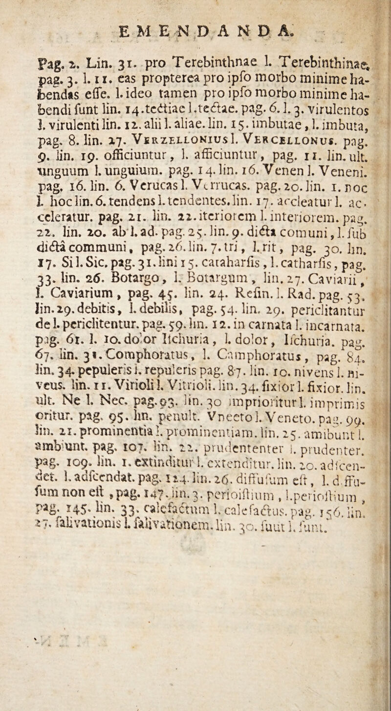 E M E N D A N D A* 2. Lin. 31. pro Terebinthnae L Terebinthinae, pag. 3.1.11. eas propterea pro ipfo morbo minime ha¬ bendas effe. l.ideo tamen pro ipfo morbo minime ha¬ bendi fiant lin. 14-tcdiae l.tedae. pag. 6.3. 3. virulentos J. virulenti lin. 1 2. alii 1. aliae, lin. 15. imbutae, 1. imbuta, pag. 8. lin. 17. VsrzelloniusI. Vercellonus. png. 9. lin. 19. officiuntur, 1. afficiuntur, pag. 11. lin.ult. tinguum 1. unguium, pag. 14. lin. 16. Venen 1. Veneni, pag. 16. lin. 6. Verucas 1. Verrucas, pag. 20. lin. 1. noc L hoc lin. 6. tendens 1. tendentes, lin. 17. accleatur L ac* celeratur, pag. 21. lin. 22. iteriorem 1. interiorem, pag. 22. lin. 20. abl.ad. pag. 25. lin. 9. didacom uni, L i ub dnfla communi, pag. 26. lin. 7. tri, 1. rit, pag. 30. hn. 17. Si3.Sic, pag. 31.lini 15. caraharfis, l.catharfis, pag. 33. lin. 26. Botargo, 1. Botargum , lin. 27. Caviarii, L Caviarium, pag. 4$. lin. 24. Refm. 3. Rad.pag. 53. lin.29.debitis, I.debilis, pag. 54. lin. 29. periclitantur de 1. periclitentur. pag. 59. hn. 12. in carnata L incarnata, pag. 61. 1. Jo.door Itchuria, 1. dolor, Iichuria. pag. 67. lin. 31.Comphoratus, 1. Camphoratus, pag.84. lin, 34. pepuleris i. repuleris pag. 87. lin. i o. nivens 1. ni¬ veus. lin. 11. Virioli 3. Vitrioli. lin. 34. fixior 1. fixior, lin. ult. Ne 1. Nec. pag.93. lin. 30 imprioriturl. imprimis oritur, pag. 95. hn. penult. Vneetol. Veneto, pan. 99. lin. 21. prominentia L prominentiam, lin. 25. amibunt 1. amb unt. pag. 107* Hn. 22. prudententer i. prudenter, pag. 109* lin» 1. extinduui i. extenditur, lin. 20. adlcen- det. 1. adfecndat. pag. 124. lin. 26. diffufum eft, 1. d.ffu- fumnon eil ,pag, 147. lin. 3. perioiflium , l.perioitium , Pato* I45« jjn. 33. calehctum L caldactus. pag. 156. lin. 1«, falivationis L laiivationem. lin. 30. luut 1. funt.