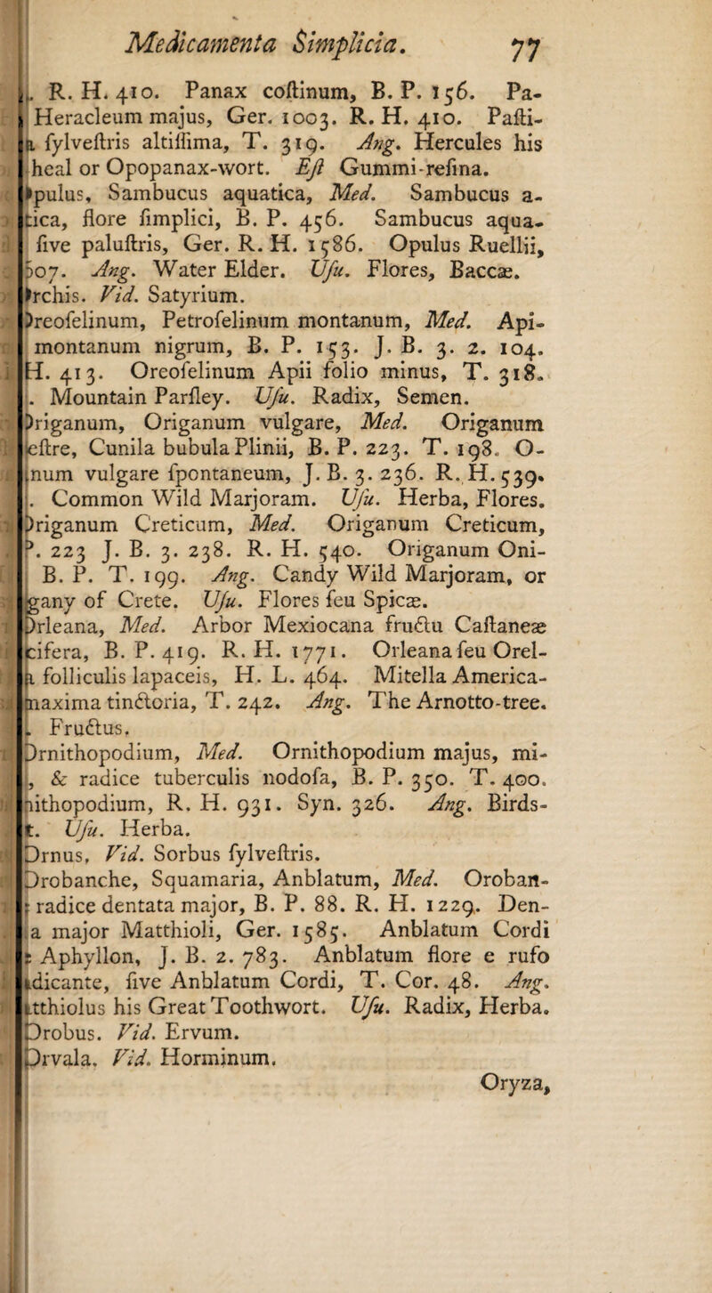 |. R. H*4I0. Panax coftlnum, B. P. 156. Pa- Heracleum majus, Ger. 1003. R, H. 410. Pafti- fi, fylveftris altiliima, T. 319. Jfig, Hercules his ■ heal or Opopanax-wort. EJi Gummi-refina. Apulus, Sambucus aquatica, Med. Sambucus a- tica, flore flmplici, B. P. 456. Sambucus aqua- flve paluftris, Ger. R. H. 1586. Opulus Ruellii, 3o7. Ang. Water Elder. Vfu. Flores, Baccae. >rchis. Vid. Satyrium. Dreofelinum, Petrofelinum montanum, Med, Api- montanum nigrum, B. P. 153. J. B. 3. 2. 104. fl. 413. Oreofelinum Apii folio minus, T. 318. L Mountain Parfley. Vfu. Radix, Semen, Jlriganum, Origanum vulgare, Med. Origanum ^ftre, Cunila bubula Plinii, B. P. 223. T. 198. O- num vulgare fpontaneum, J.B. 3.236. R. H. 539. . Common Wild Marjoram. Vfu. Herba, Flores. friganum Creticum, Med. Origanum Creticum, , 223 J. B. 3. 238. R. H. 540. Origanum Oni- i B. P. T. 199. Ang. Candy Wild Marjoram, or any of Crete. Vfu. Flores feu Spics. rleana, Med. Arbor Mexiocana fru6lu Caftaneae ifera, B. P. 419. R.H. 1771. Orleana feu Orel- folliculis lapaceis, H. L. 464. Mitella America- raxima tindloria, T. 242. Ang. The Arnotto-tree. Fruftus. prnithopodium, Med. Ornithopodium majus, mi- r, & radice tuberculis nodofa, B. P. 330. T. 400. tiithopodium, R. H. 931. Syn. 326. Ang, Birds- It. Vfu. Herba. Drnus, Vid. Sorbus fylveftris. probanche, Squamaria, Anblatum, Med. Oroban- |f radice dentata major, B. P. 88. R. H. 1229. Den- ja major Matthioli, Ger. 1585. Anblatum Cordi t Aphyllon, J. B. 2. 783. Anblatum flore e rufo picante, five Anblatum Cordi, T. Cor. 48. Ang. tthiolus his GreatToothwort. Vfu. Radix, Herba, robus. Vid. Ervum, rvala, Vid. Horminum. Oryza,