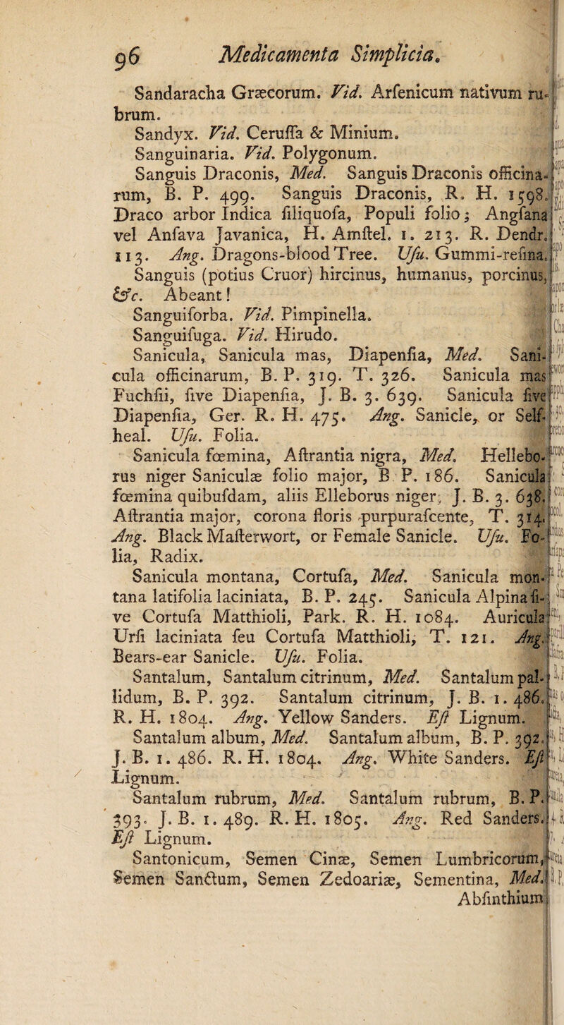 ii. ■- ifb Sandaracha Graecorum. Vid. Arfenicum nativum ru« brum. Sandyx. Vid. Ceruffa & Minium. Sanguinaria. Vid. Polygonum. Sanguis Draconis, Med. Sanguis Draconis officina, rum, E. P. 499. Sanguis Draconis, R. H. 1598J Draco arbor Indica fiiiquofa. Populi folio; Angfana vel Anfava Javanica, H. Amftel. i. 213. R. Dendr. II3, Dragons-bloodTree. Gummi-refina Sanguis (potius Cruor) hircinus, humanus, porcinus. t^c. Abeant! Sanguiforba. Vid. Pimpinella. Sanguifuga. Vid. Hirudo. Sanicula, Sanicula mas, Diapenfia, Med. Sani cula officinarum, B. P. 319. T. 326. Sanicula mas P'uchfii, five Diapenlia, J. B. 3. 639. Sanicula five Diapenfia, Ger. R. H. 475. Ang. Sanicle, or Selfii'^®' heal. Ufu. Folia. # Sanicula foemina, Aftrantia nigra, Med. Hellebo«p®J rus niger Saniculas folio major, B P. 186. Sanicula!' ' foemina quibufdam, aliis Elleborus niger, J. B. 3. 638.!® Aftrantia major, corona floris purpurafcente, T. 314.^ Ang. Black Mafterwort, or Female Sanicle. Ufu. Fo-^^ lia, R.adix. ^ pff Sanicula montana, Cortufa, Med. Sanicula P'* jfjl' ai, tana latifolia laciniata, B. P. 243. Sanicula AlpinaTi ve Cortufa Matthioli, Park. R. H. 1084. Auricula Urii laciniata feu Cortufa Matthioli, T. 121. Ang Bears-ear Sanicle. Vfu. Folia. Santalum, Santalum citrinum, Med. Santalum pal-D- lidum, B. P, 392. Santalum citrinum, J. B. i. 486. R. H. 1804. Ang. Yellow Sanders. EJi Lignum.ffi^^^' Santalum album, Med. Santalum album, B. P. 392. J. B. I. 486. R. H. 1804. Ang. White Sanders. Lignum. Santalum rubrum, Med. Santalum rubrum, B. P. 393. J. B. 1.489. R. H. 1805, Ang. Red SandersJ EJi Lignum. Santonicum, Semen Cinse, Semen Lumbricorum, Semen Sanftum, Semen Zedoariae, Sementina, Medi Abfmthium' a Ui iieia, a ■Jftia
