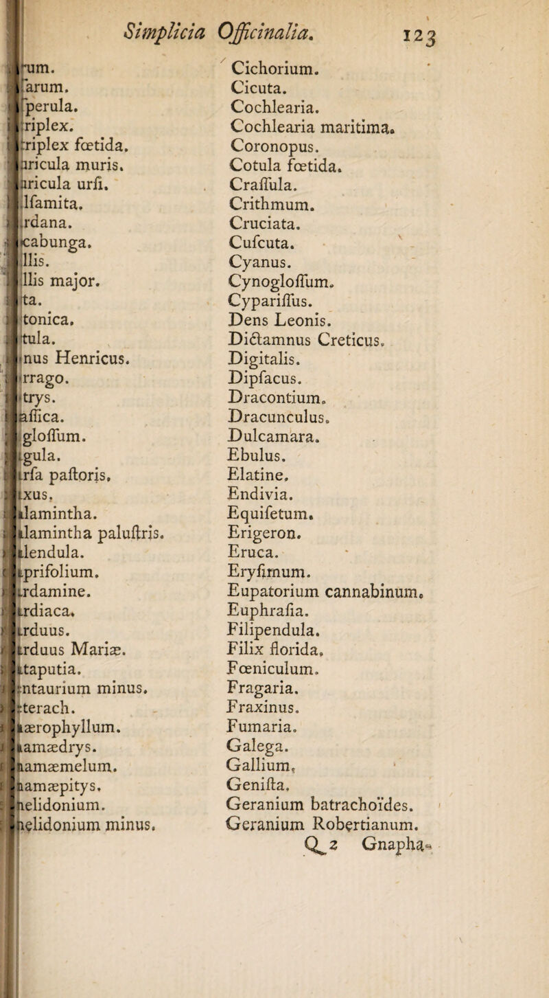 Eum. M -, Cichorium. flfarum. Cicuta. perula. Cochlearia. iklriplex. Cochlearia maritima |lj:riplex foetida. Coronopus. mricula muris. Cotula foetida. fjiricula urfl. CralTula. fjlfamita. Crithmum. ijrdana. Cruciata. ^|cabunga. Cufcuta. i Ilis. Cyanus. i lljs major. CynoglolTum. iita. CyparilTus. ilitonica. Dens Leonis. jjtula. Didamnus Creticus. ((nus Henricus. Digitalis. j^rrago. Dipfacus. ;|jtrys. Dracontium. j^flica. Dracunculus. jjIglolTum. Dulcamara. ^^gula. Ebulus. iirfa palloris. Elatine. jlxus, Endivia. jalamintha. Equifetum. jilamintha palullris. ij-lendula. liprifolium. ifrdamine. Jfrdiaca, irduus. jrduus Maria», itaputia. jntaurium minus, ^terach. taerophyllum. amaedrys. amaemelum. amaepitys. elidonium. didonium minus. Erigeron. Eruca. Eryfirnum. Eupatorium cannabinum. Euphrafia. Filipendula. Filix florida, Foeniculum. Fragaria. Fraxinus. Fumaria. Galega. Gallium, Genifta, Geranium batraclioides. Geranium Rob^rtianum. 0^2 Gnapha^