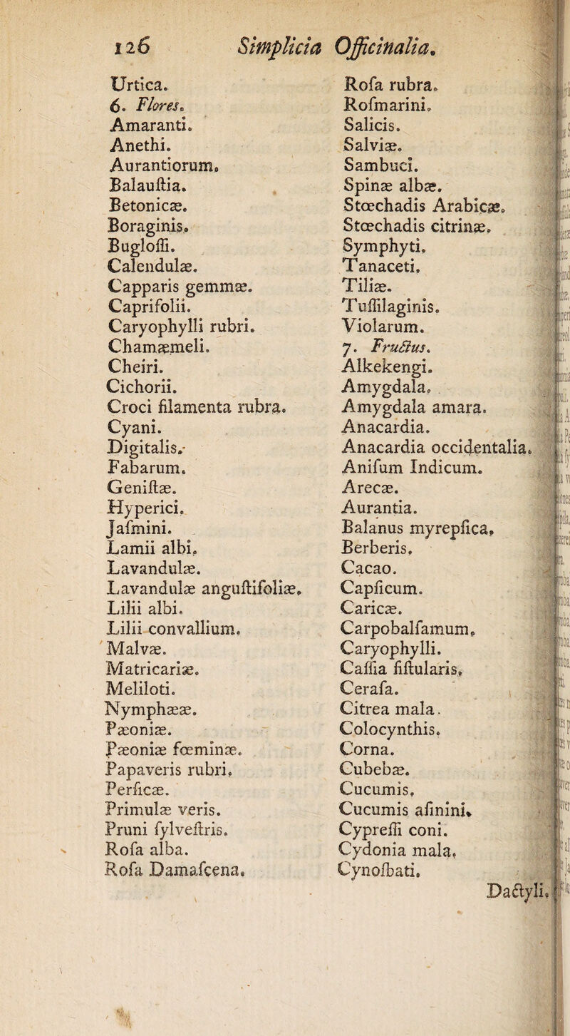 Urtica. 6. flores^ Amaranti. Anethi. Aurantiorum» Balauftia. Betonica. Boraginis. Bugloffi. Calenduls. Capparis gemm^. Caprifolii. Caryophylli rubri. Chamaemeli, Cheiri. Cichorii. Croci filamenta rubra. Cyani. Uigitalis,- Fabarum. Genijftse. Hyperici. Jafmini. Lamii albi. Lavandulae. Lavandulae angullifoliae. Lilii albi. Lilii convallium. ' Malvae. Matricarias. Meliloti. Nymphaeae. Paeoniae. Paeoniae foeminae. Papaveris rubri. Perficae. Primulae veris. Pruni fylvehris. Rofa alba. Rofa Damafcena. Rofa rubra. Rofmarini. Salicis. Salviae. Sambuci. Spinae albae. Stcechadis Arabicge. Stoechadis citrinae. Symphyti, Tanaceti, Tiliae. Tuffilaginis. Violarum. 7. FruSius, Alkekengi. Amygdala, Amygdala amara. Anacardia. Anacardia occidentalia Anifum Indicum. Arecae. Aurantia. Balanus myrephca, Berberis. Cacao. Capficum. Caricse. Carpobalfamum, Caryophylli. Caffia iiftularis, Cerafa. , Citrea mala. Colocynthis. Corna. Cubebs. Cucumis. Cucumis afmini* CyprefTi coni. Cydonia mala, Cynofbati.
