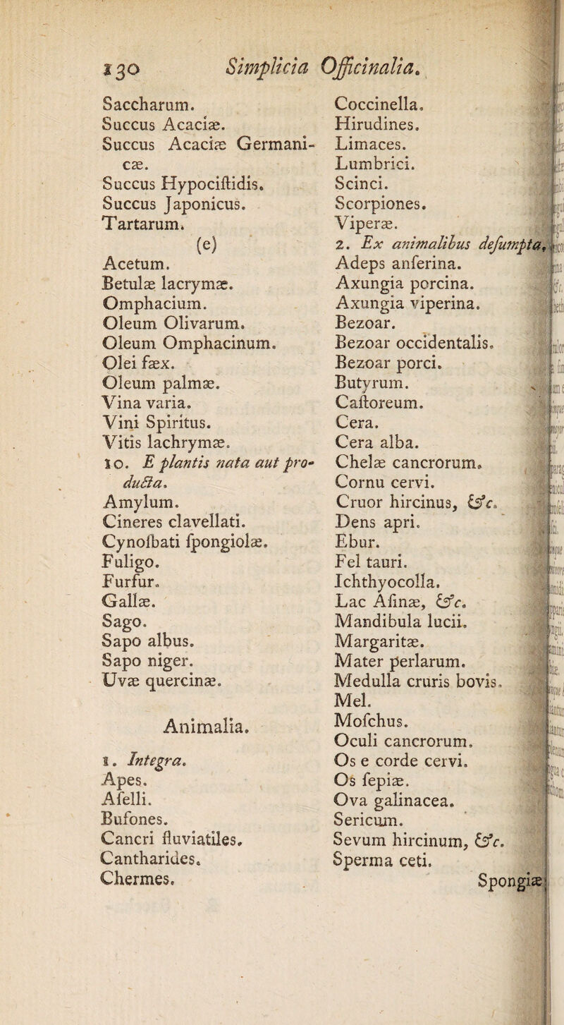 Saccharam. Succus Acaciae. Succus Acaciis Germani¬ cae. Succus Hypociftidis. Succus Japonicus. Tartarum* (e) Acetum. Betulae lacrymae. Omphacium. Oleum Olivarum. Oleum Omphacinum. Olei faex. Oleum palmae. Vina varia. Vini Spiritus. Vitis lachrymae. 10. E plantis nata aut pro» duBa, Amylum. Cineres clavellati. Cynolbati fpongiolae. Fuligo. Furfur, Gallae. Sago. Sapo albus. Sapo niger. Uvae quercinae. Animalia. I, Integra^ Apes. Afelli. Bufones. Cancri fluviatiles. Cantharides, Chermes. Coccinella, Hirudines. Limaces. Lumbrici. Scinci. Scorpiones. Vipera. 2. Ex animalihus defumpta^ Adeps anferina. Axungia porcina. Axungia viperina. Bezoar. Bezoar occidentalis. Bezoar porci. Butyrum. Caftoreum. Cera. Cera alba. Chelae cancrorum. Cornu cervi. Cruor hircinus, Dens apri. Ebur. Fel tauri. Ichthyocolla. Lac Afinae, ^c. Mandibula lucii. Margaritae. Mater perlarum. Medulla cruris bovis. Mei. Mofchus. Oculi cancrorum. Os e corde cervi. Os fepiae. Ova galinacea. Sericum. Sevum hircinum, Sperma ceti. Spongis f iu