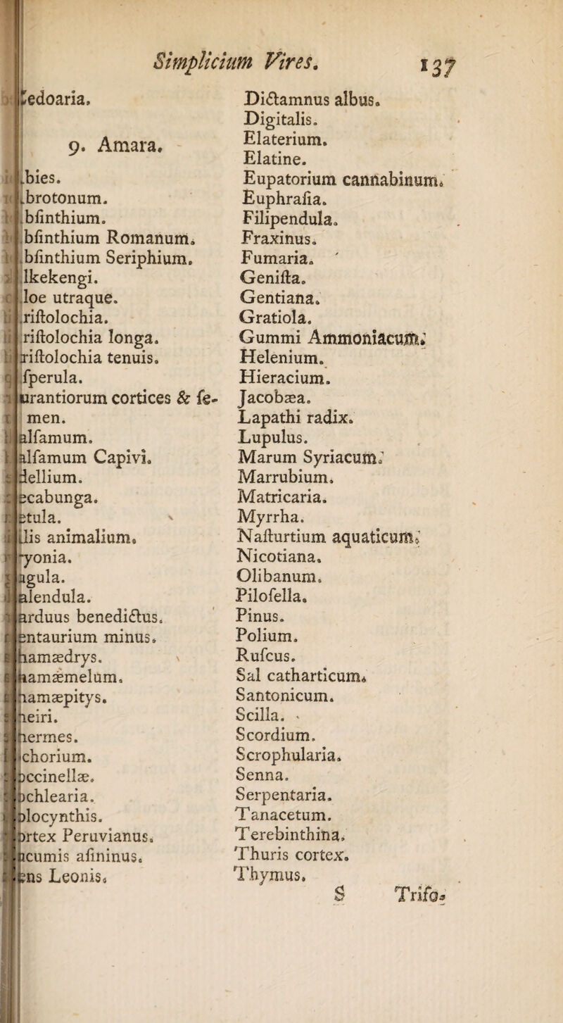 i^edoaria, : 9. Amara. fbies. fbrotonum. ibfinthium. L,bfinthium Romanum^ ibrinthium Seriphium, ilkekengi. ■loe utraque. ;,riftolochia. .riftolochia longa, jriftolochia tenuis, ifperula. Didamnus albus. Digitalis. Elaterium. Elatine. Eupatorium cannabinum^ Euphralia. Filipendula. Fraxinus. Fumaria. ' Genifta, Gentiana. Gratiola. Gummi Ammoniacuiti; Helenium. Hieracium. H lirandorum cortices & fe- Jacob^a. t men. ul farnum, alfamum Capivi. dellium. ecabunga. etula. ilis animalium, ryonia. agula. nlendula. i^rduus benedicius, fentaurium minus, jiamasdrys. jiamsemelum. fiamaepitys, jieiri. nermes. (chorium, ccinellse. chlearia. :plocynthis. tbrtex Peruvianus. I ii ‘picumis afminus. Leonis. Lapathi radix. Lupulus. Marum Syriacum. Marrubium. Matricaria. Myrrha. Nafturtium aquaticum^ Nicotiana. Olibanum. Pilofella. Pinus. Polium. Rufcus. Sal catharticum* Santonicum. Scilla. « Scordium. Scrophularia. Senna. Serpentaria. Tanacetum. Terebinthina. Thuris cortex. l'hymus. S Trifo.